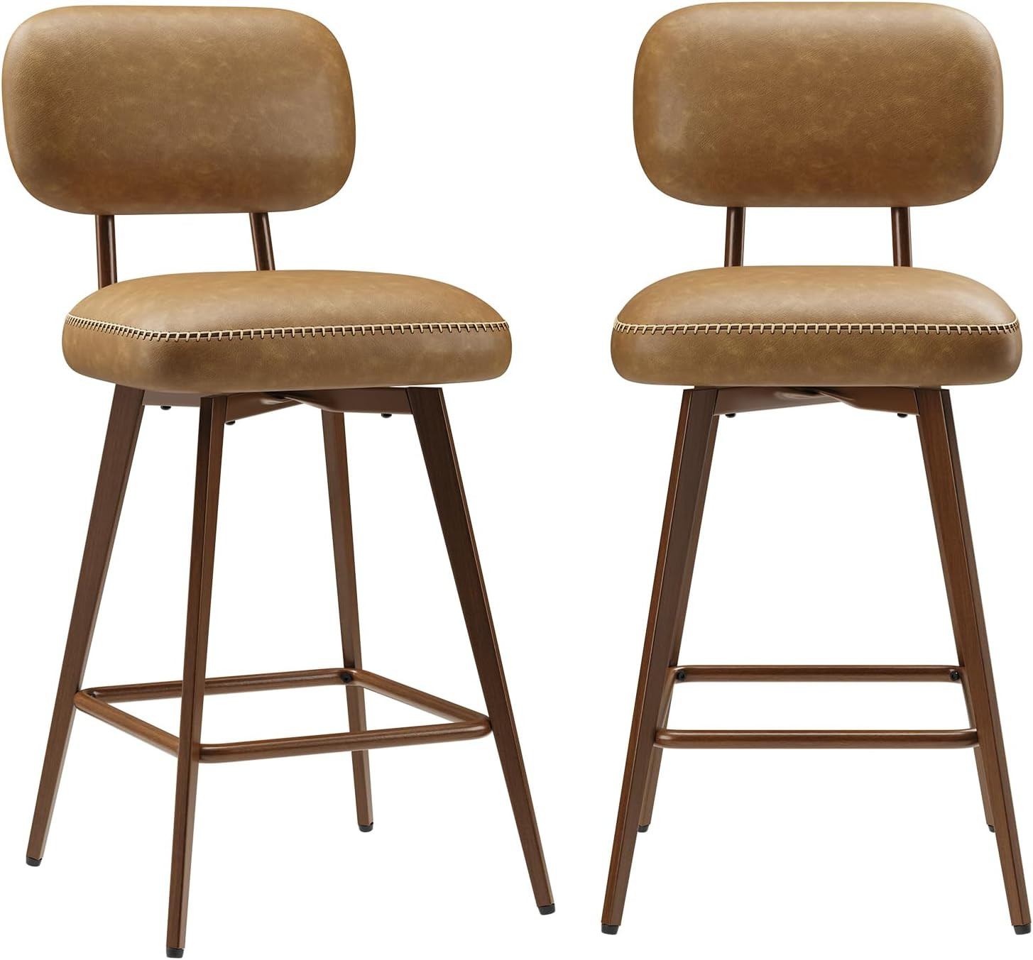 Mid Century 26″ PU Leather Swivel Bar Stools Set of 2, Brown Metal Legs