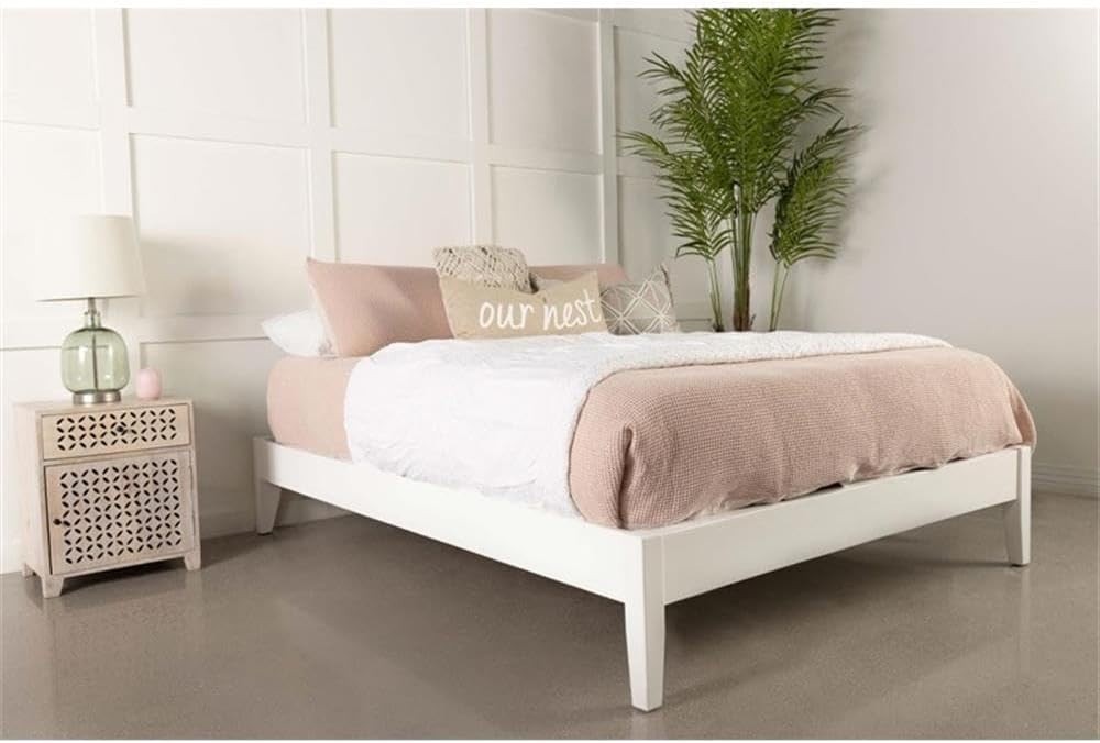Contemporary Wood Platform Eastern King Bed White Finish Asian Hardwood & Pine