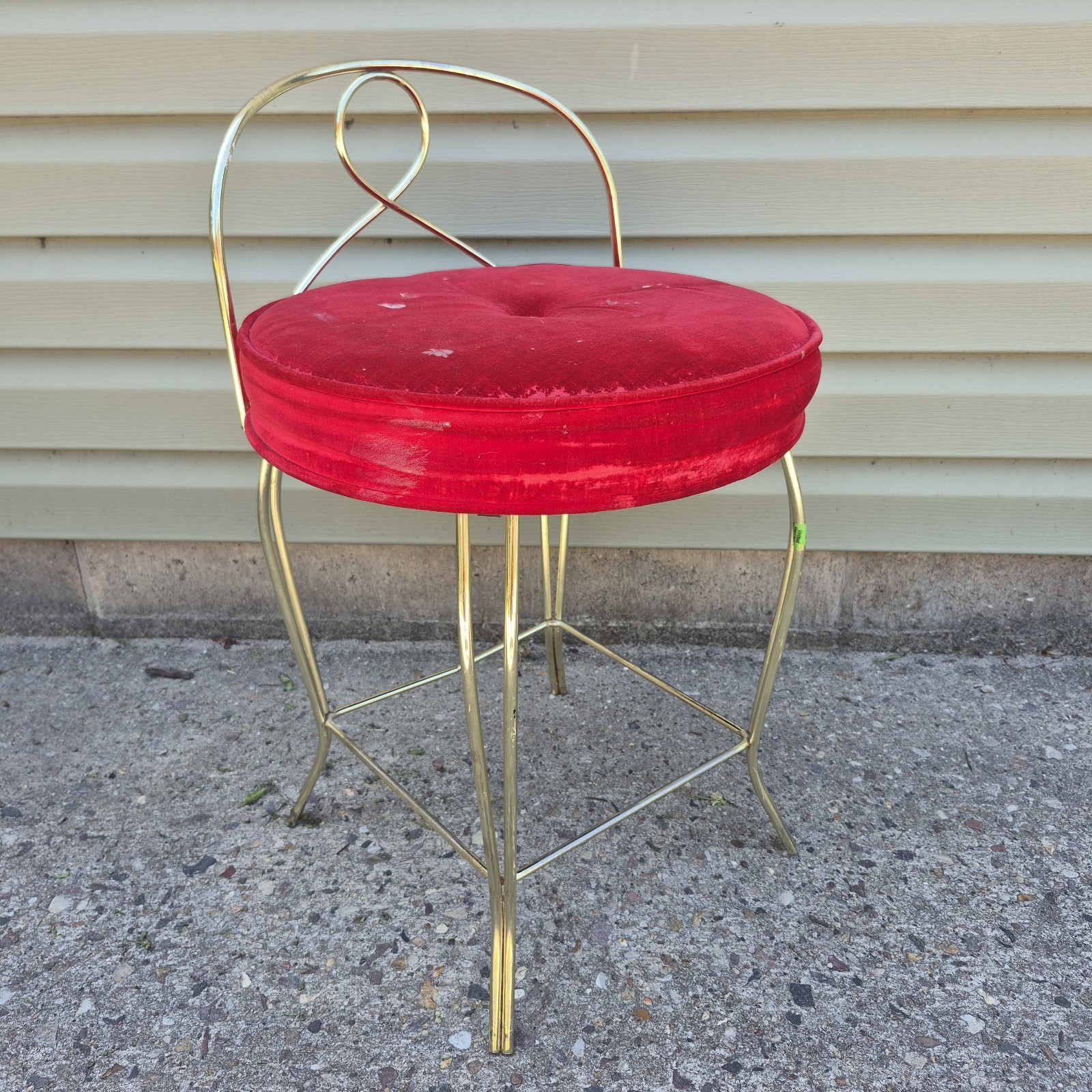 Vintage Red Velvet Vanity Chair Hollywood Regency Stool Gold Metal Mid Century