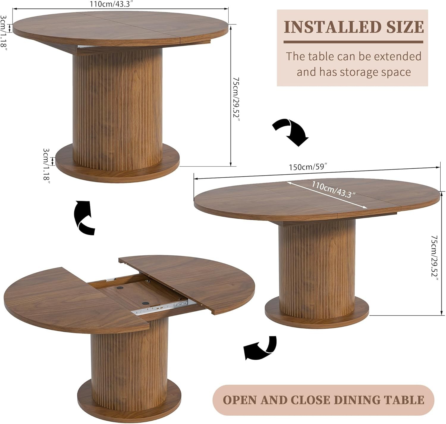 43.3 inch 59 inch Adjustable Size Round Dining Table 4 6 Unique Design Modern