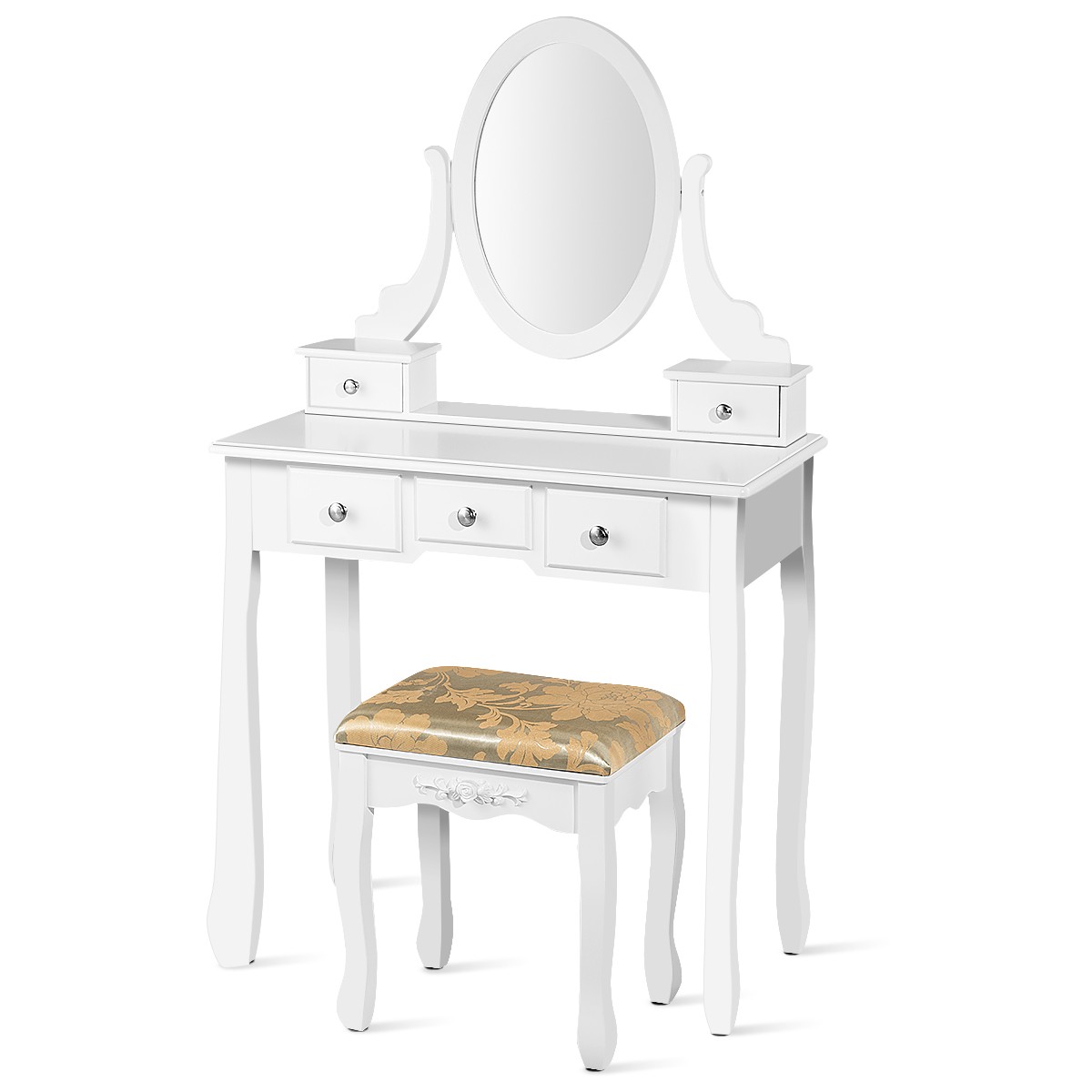 Topbuy Vanity Table Set w/ 360° Rotating Oval Mirror & Drawers Black/White