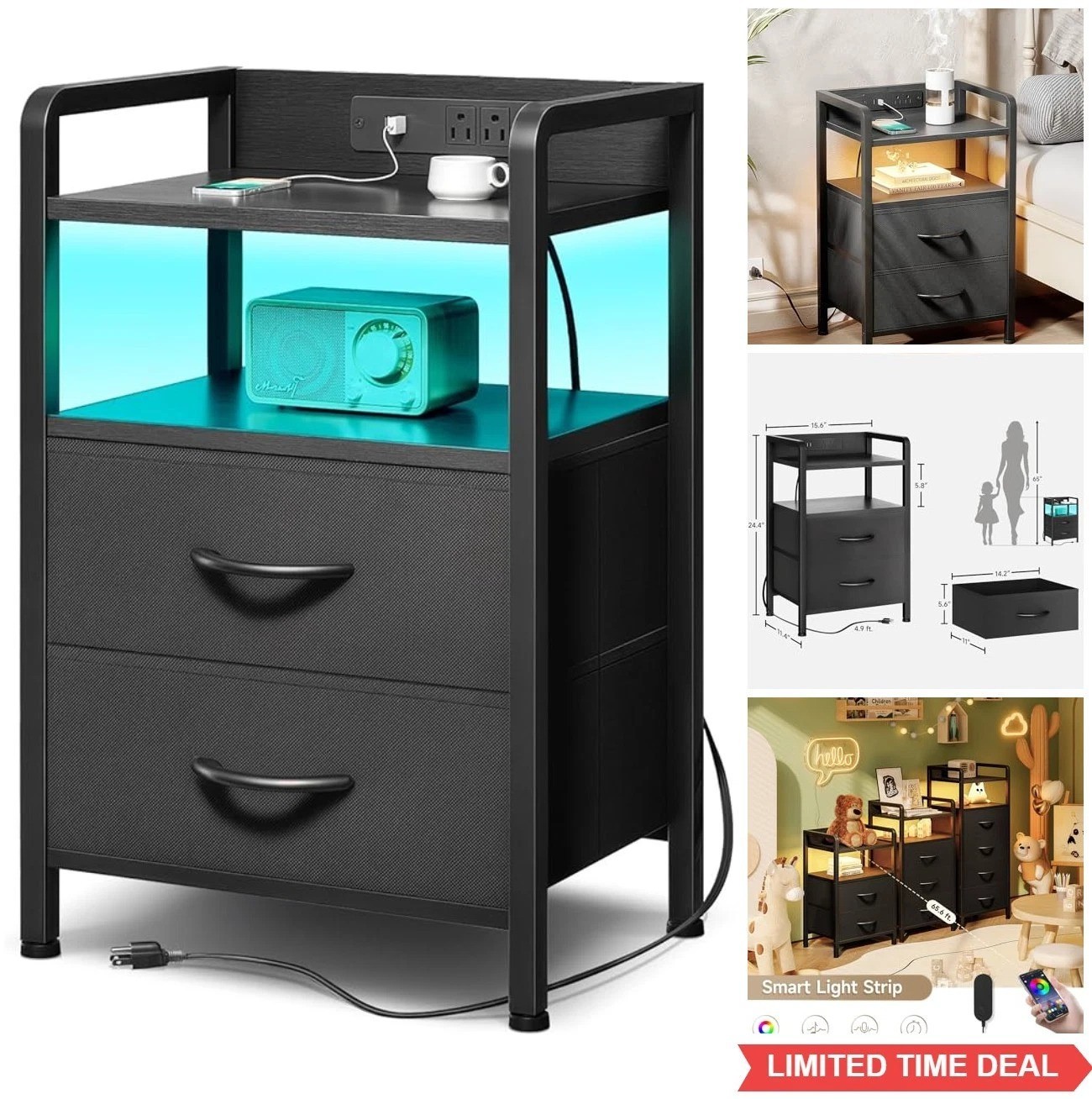 Nightstand with Charging Station USB Ports AC Outlets LED Light Strip 2 Drawers