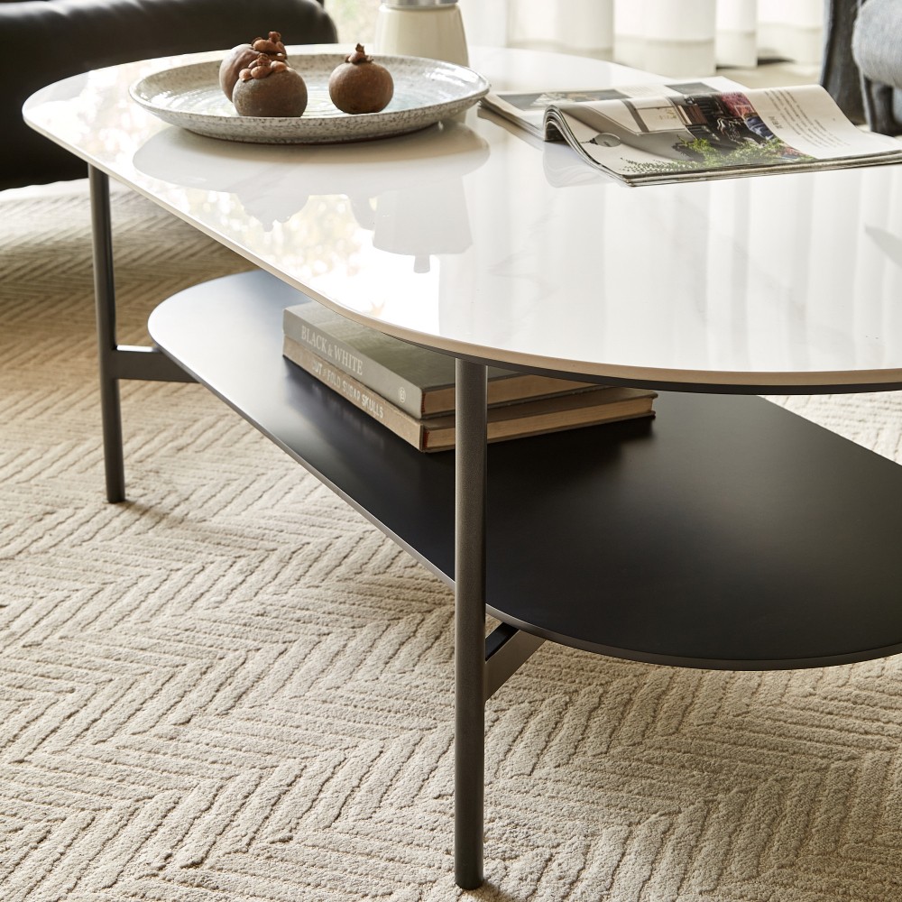 47 Inch Double Layer Coffee Table Sintered Stone Top MDF Frame Center Table