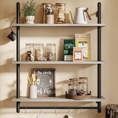 Bestier 3 Tier Industrial Pipe Shelf 31.5 In Grey Towel Bar Hooks #R014