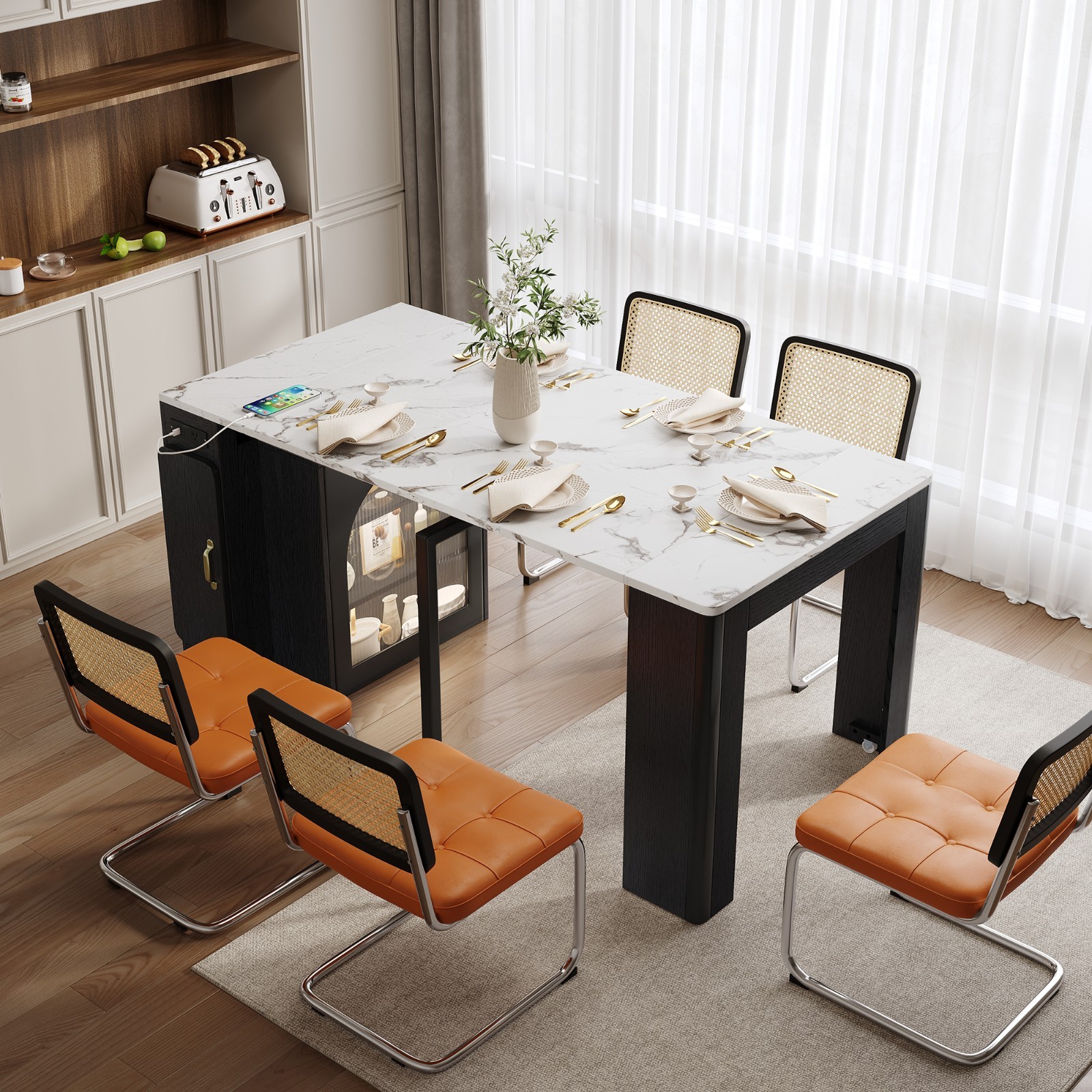 Extendable Dining Table with 3 Removable Middle Leaves and Power Outlet,Black