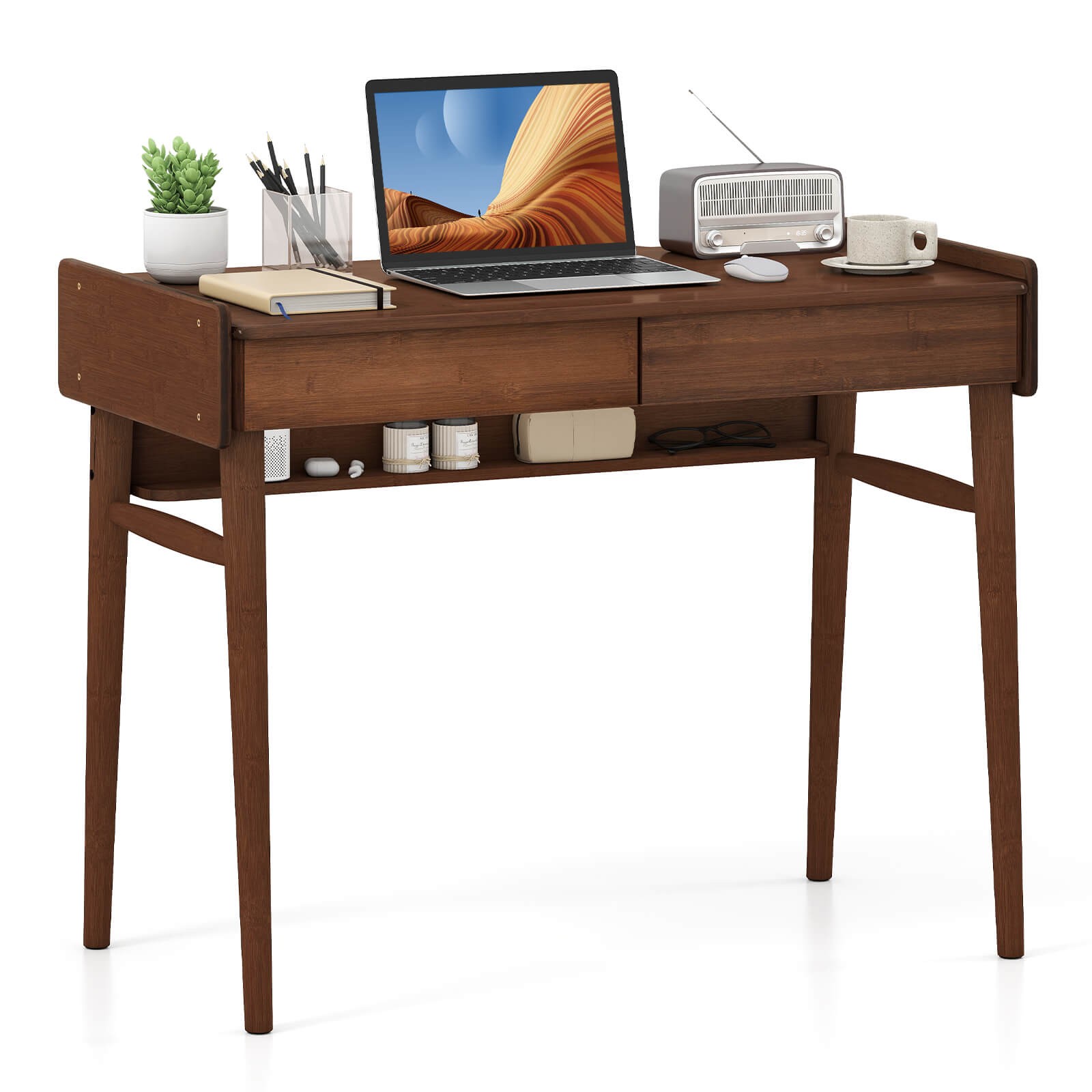Bamboo Writing Desk 39.5″ Computer Study Desk w/ 2 Storage Drawers & Open Shelf