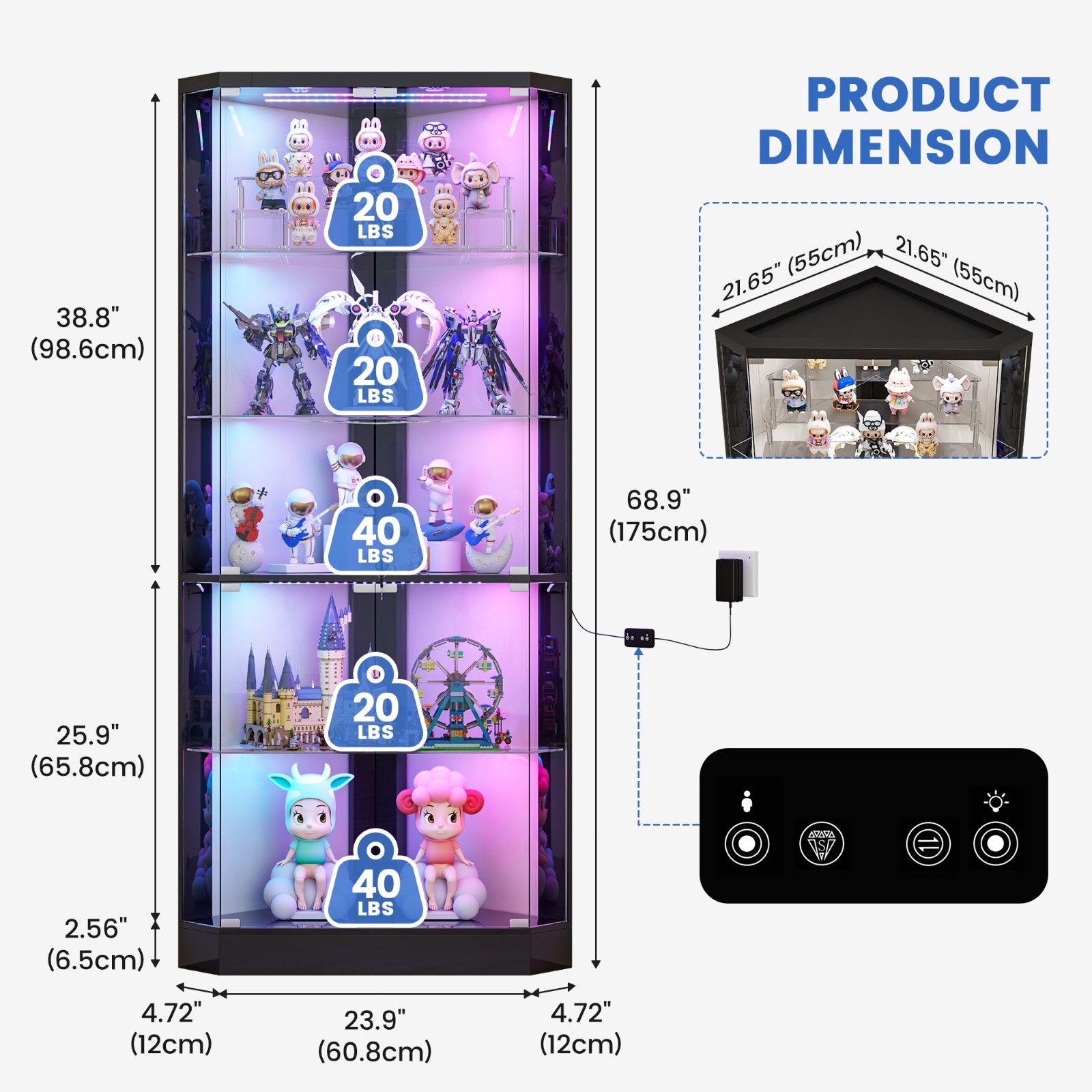 5-Tier Corner Display Cabinet with RGB Lights, Curio Showcase for Collectibles