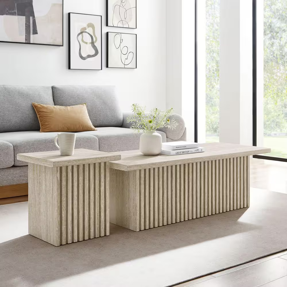 Render 19.7 In. Travertine Large Rectangle MDF Coffee Table with 2-Pieces