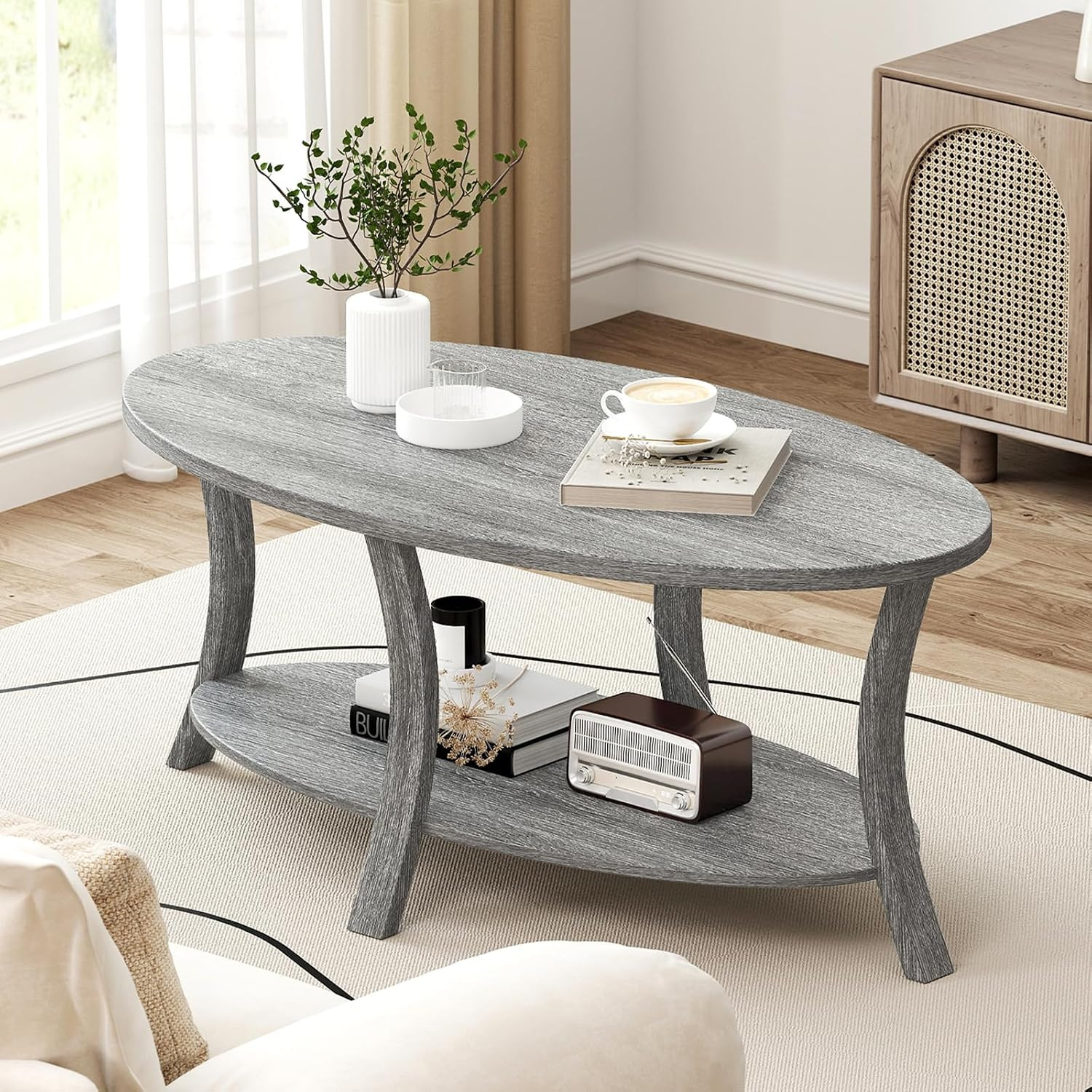44 Inch Oval Coffee Table, 2-Tier Center Table with Storage Shelf & Rubber Wood