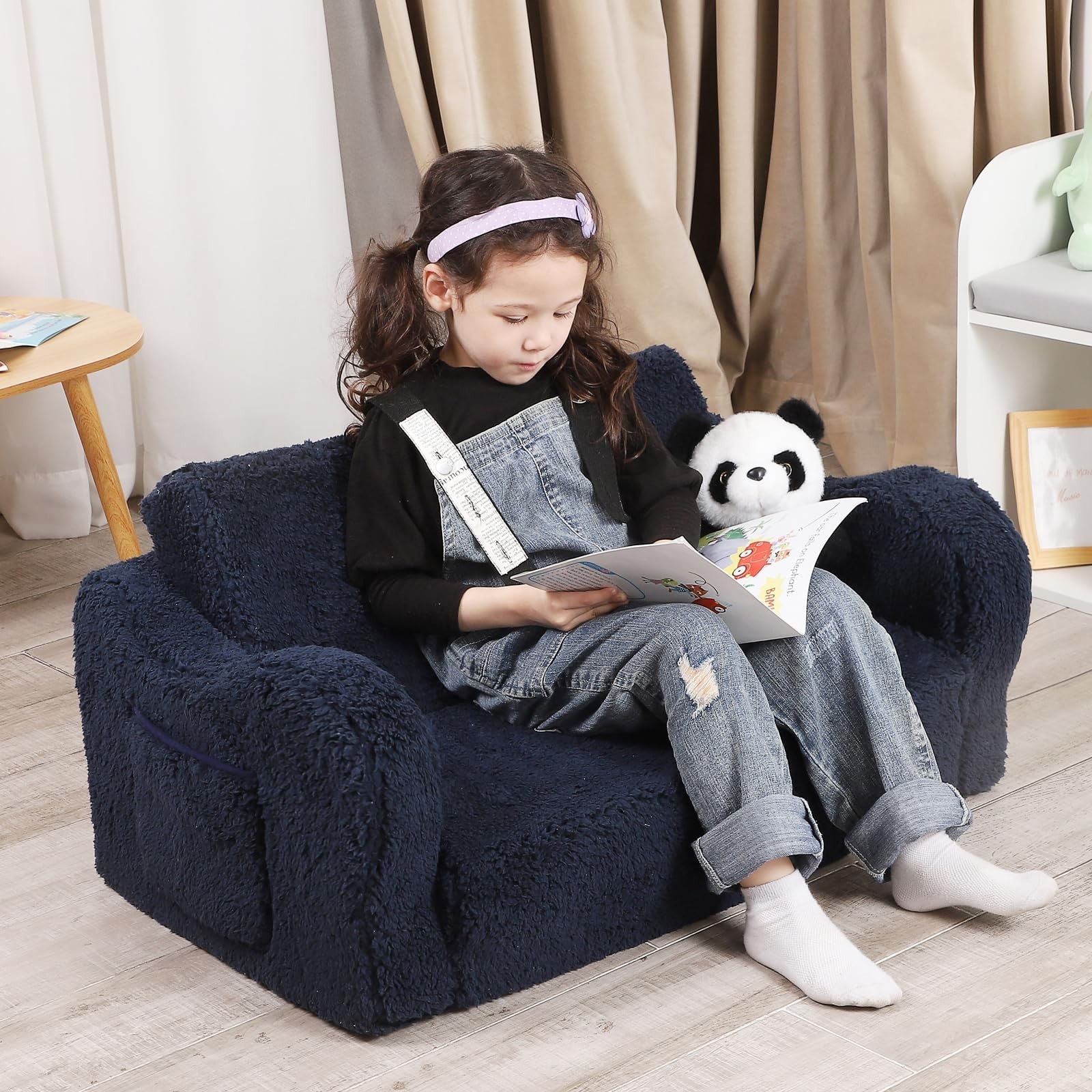 Momcaywex Kids Sofa 2-In-1 Flip-Out Foam Couch Soft Sherpa Cover Cozy Play