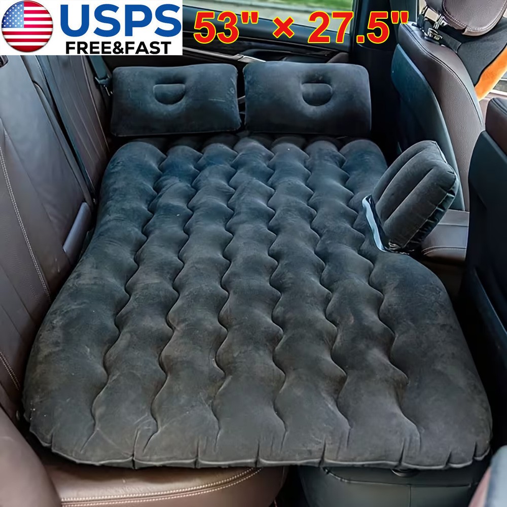 Inflatable Travel Car Air Mattress Back Seat Bed and Rest W/ 2 Pillows Pump Bag