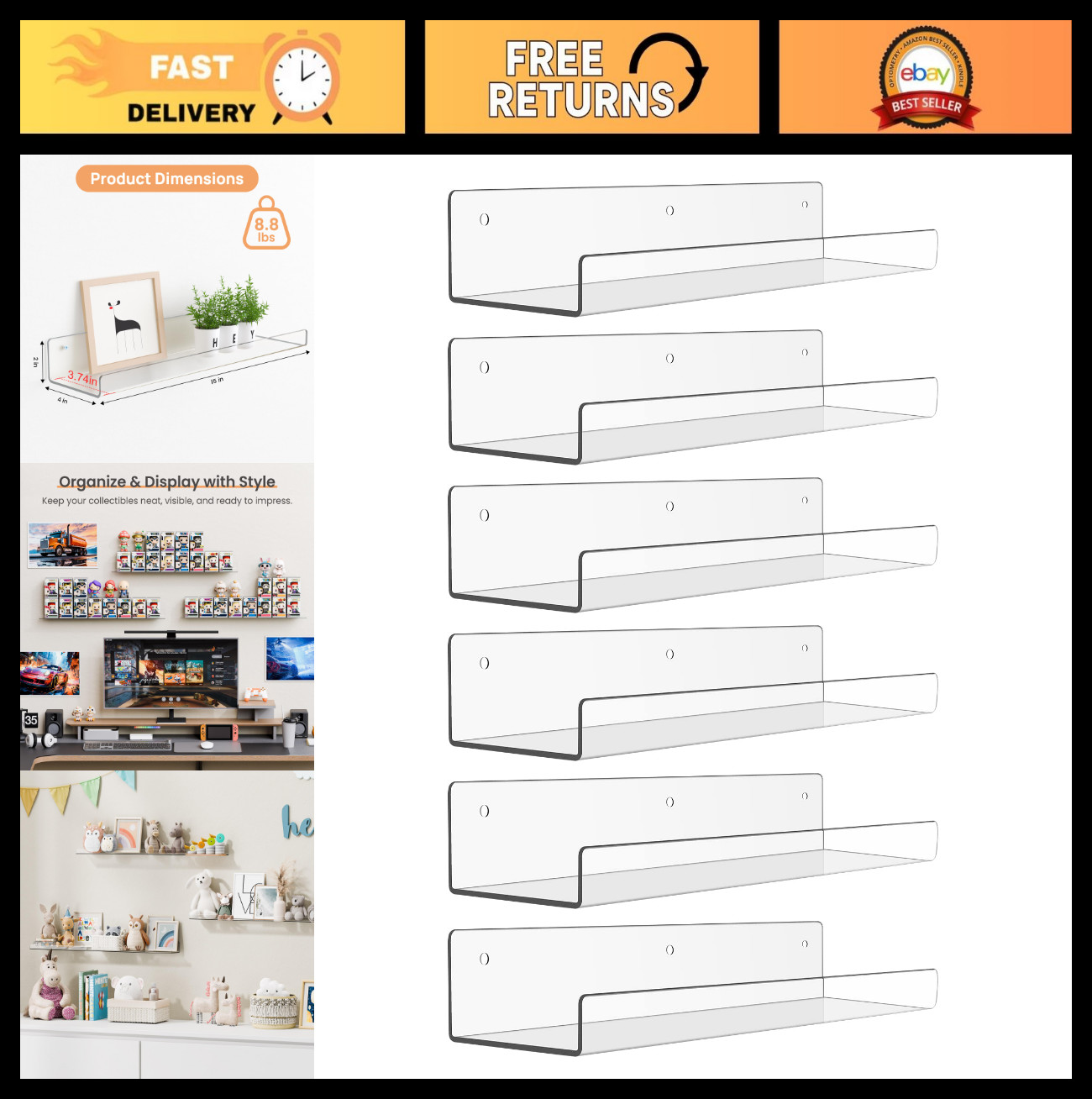 6 Pack Acrylic Floating Shelves 15″x4″ – Wall Storage Display for Kids, Bathroom