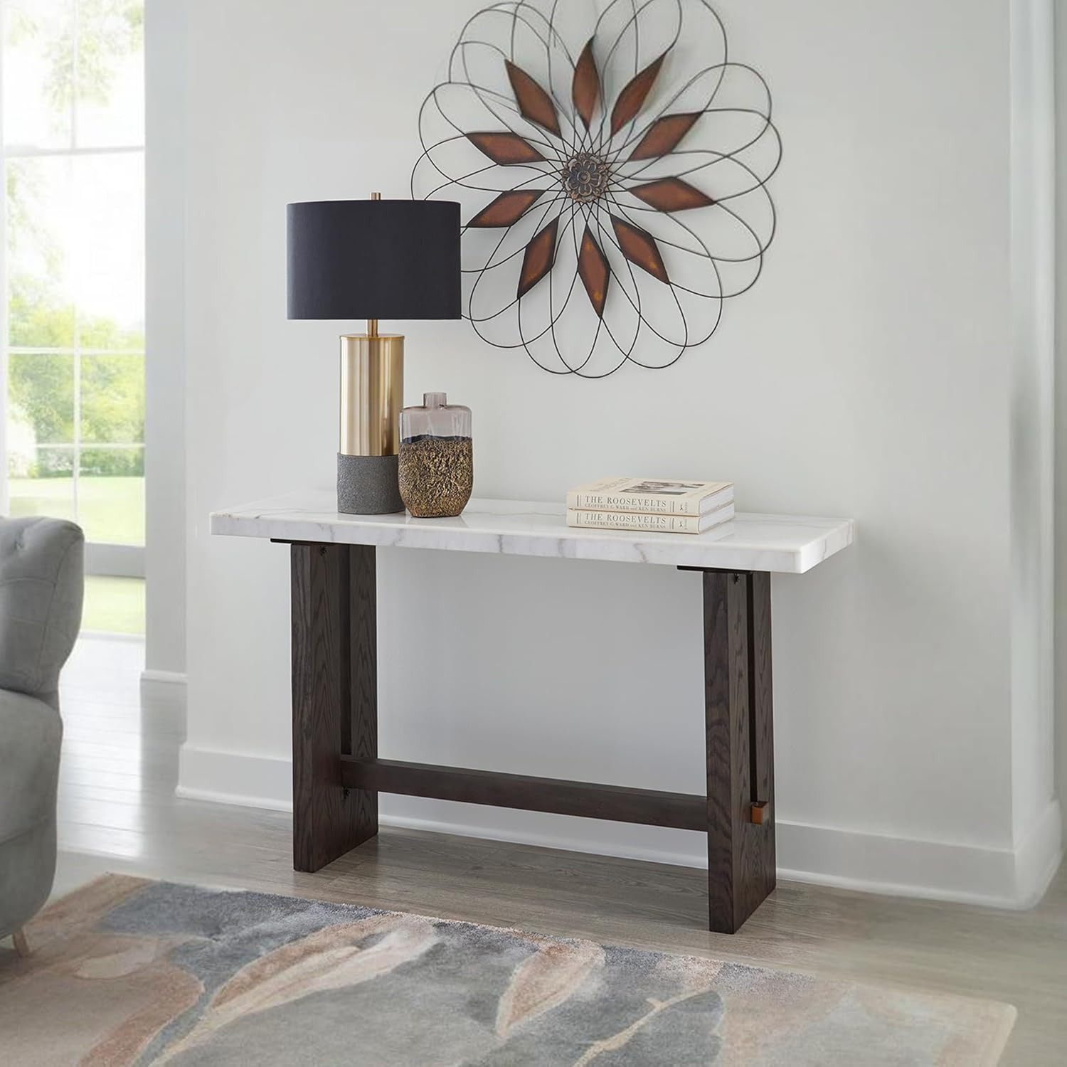 Burkhaus Traditional Rectangular Sofa Table with Marble Top, Dark Brown & White