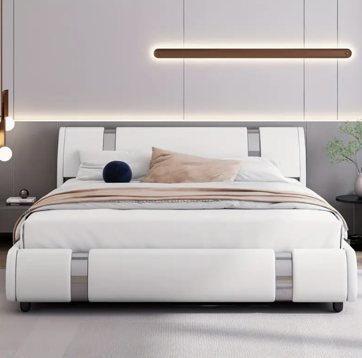 Modern Faux Leather Platform Bed Frame with Mirror Headboard, Queen Size, White