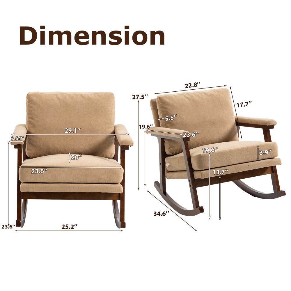Mid Century Modern Accent Rocking Chair, Wood Frame, Khaki Upholstered