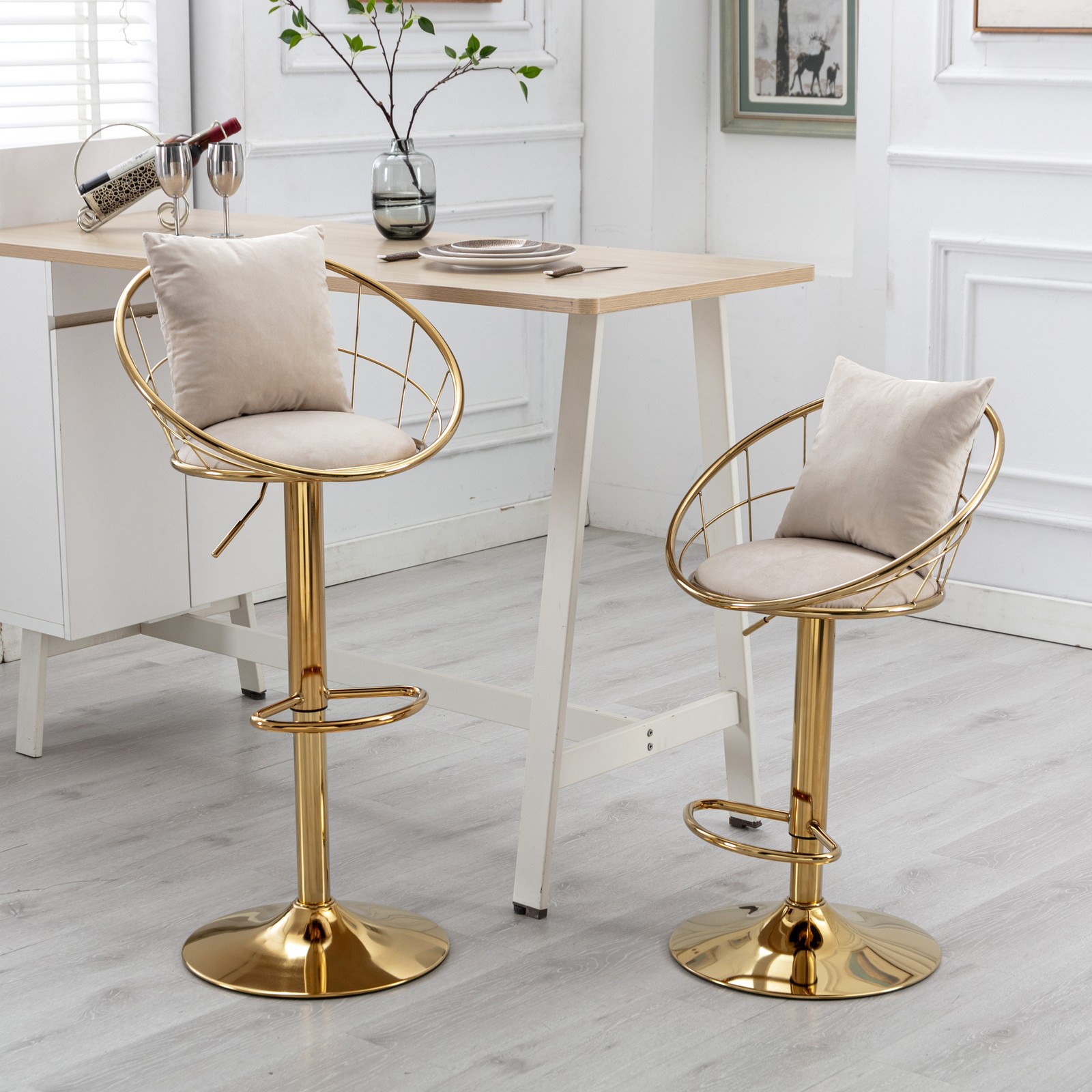 Off-White Velvet Bar Chair, 360 Degree Rotation, Adjustable Height, Set of 2