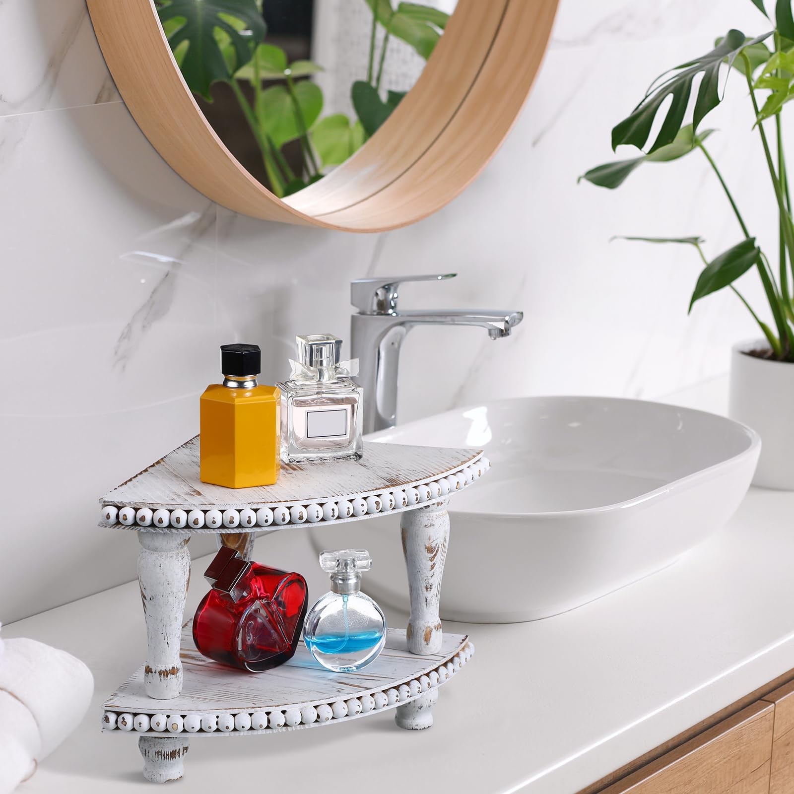 Kigley 2 Tiered Corner Riser for Kitchen Counter Wood Beaded Corner Shelf Whi…