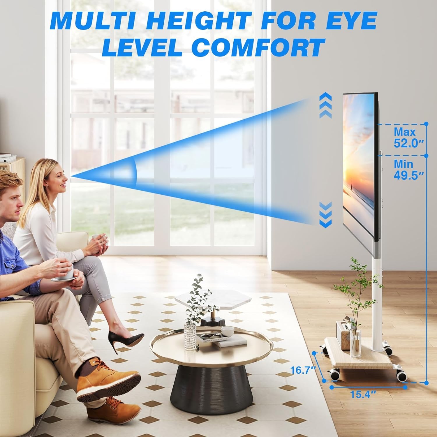 Rfiver Rolling TV Stand 32-55 Inch Height Adjustable Mobile White