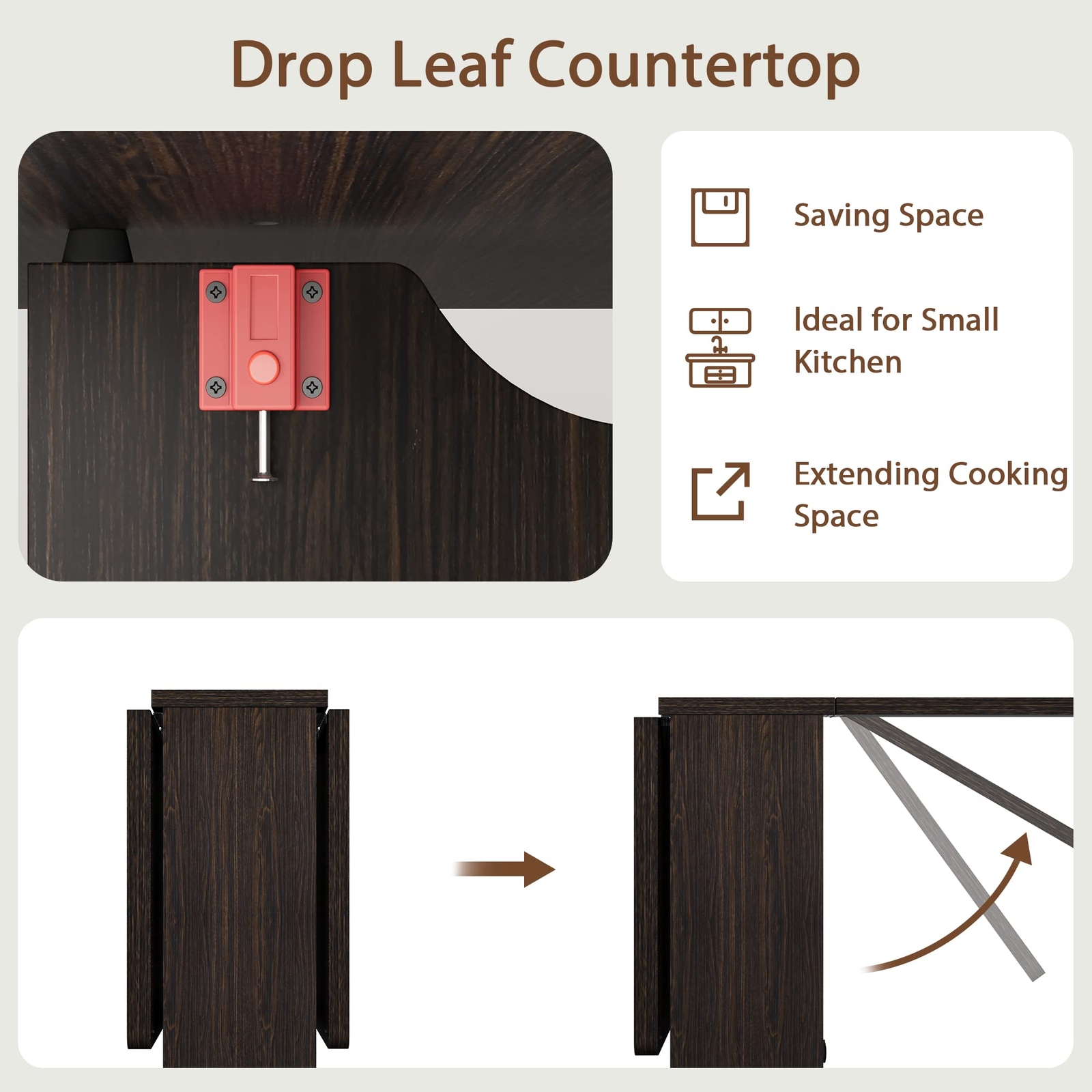 Folding Dining Table with 6 Wheels Storage Racks for Small Kitchen Saving Space