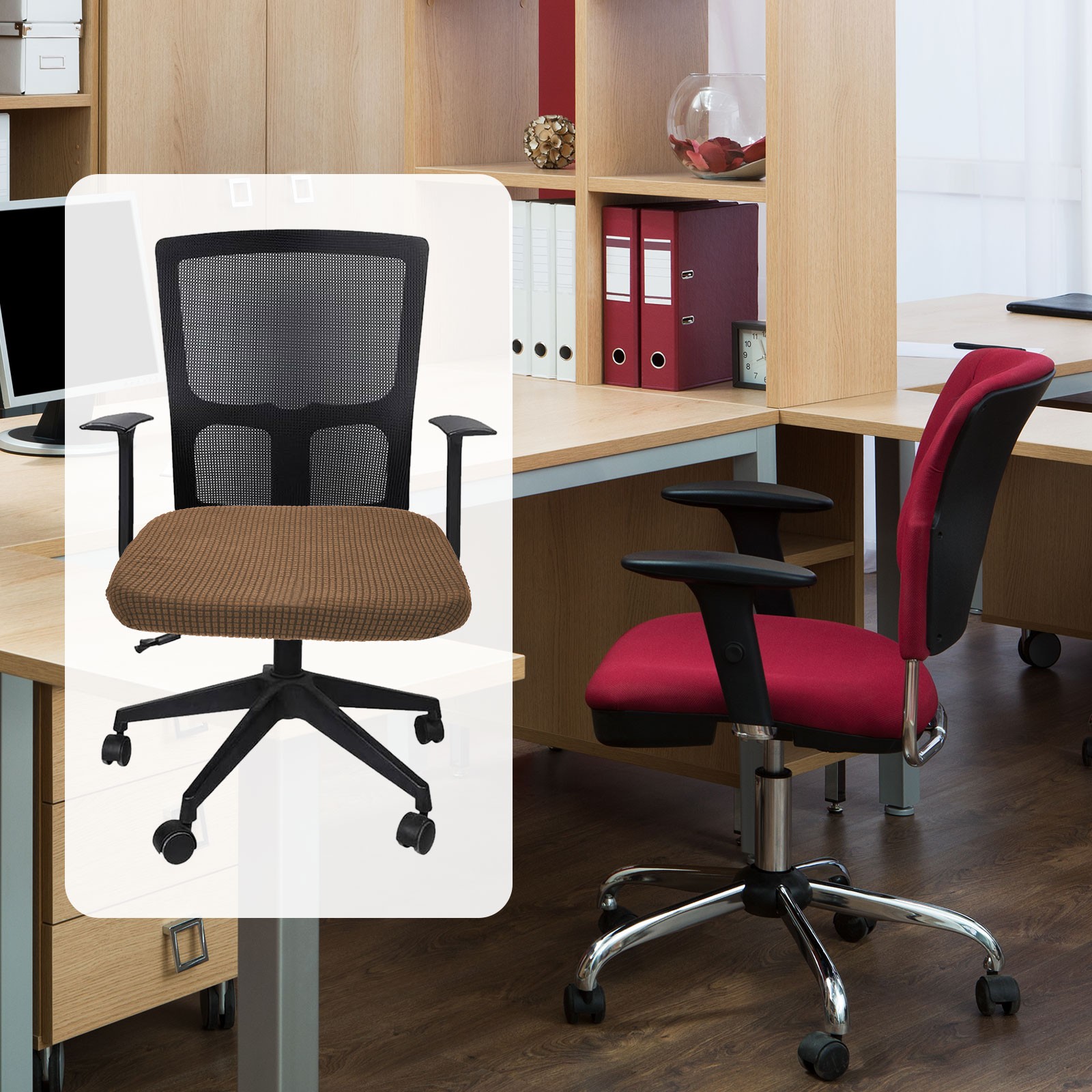 Office Chair Cover Grid Computer Chair Seat Cover L(45-48cm) Khaki