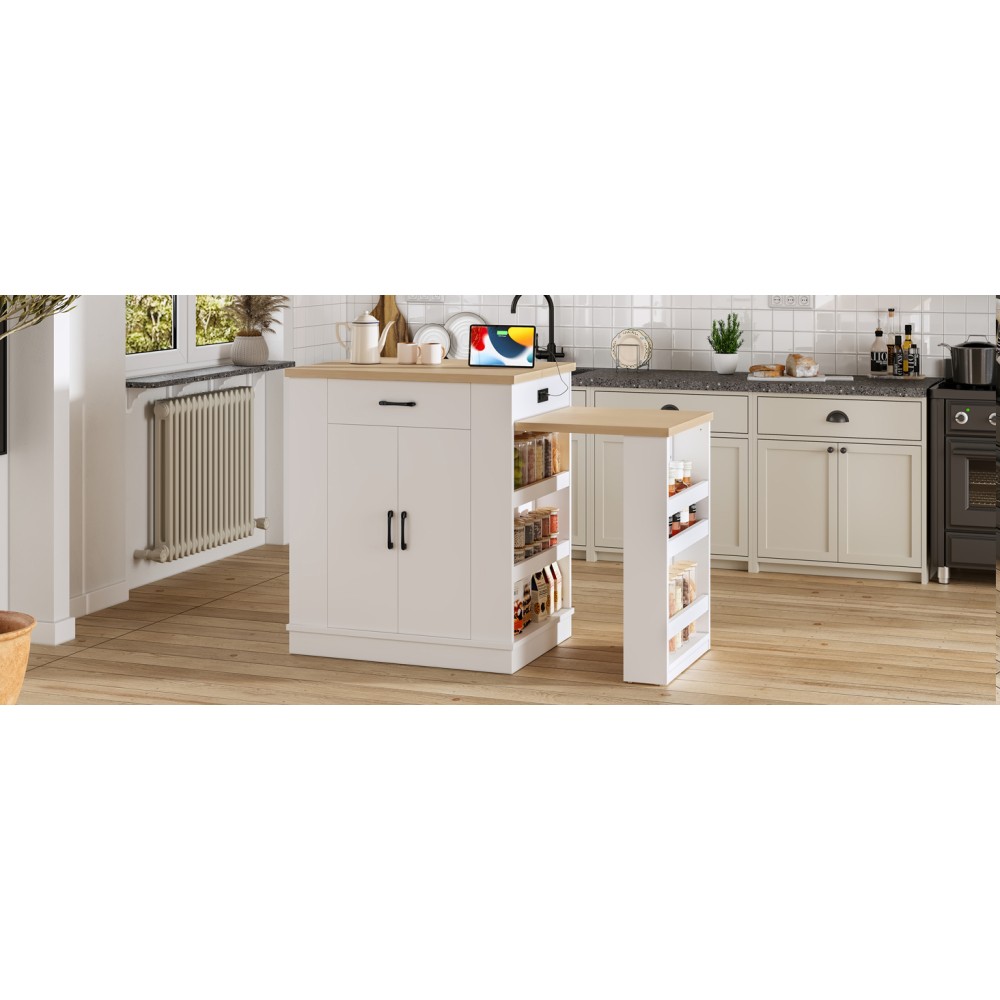 Extendable island console with drawers double door cabinet and open shelving
