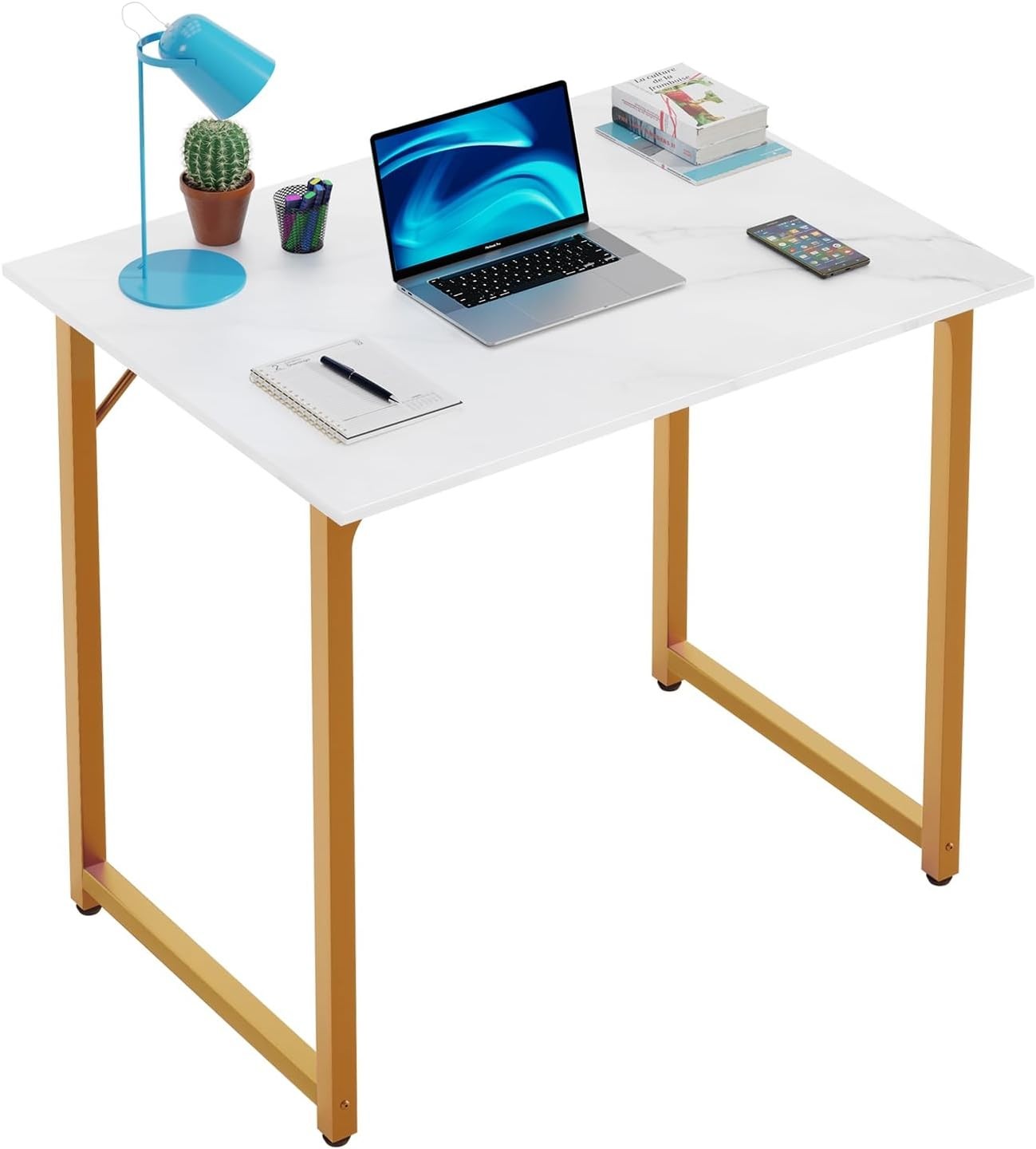 PayLessHere 32″ Computer Desk, White Gold Table w/ Metal Frame