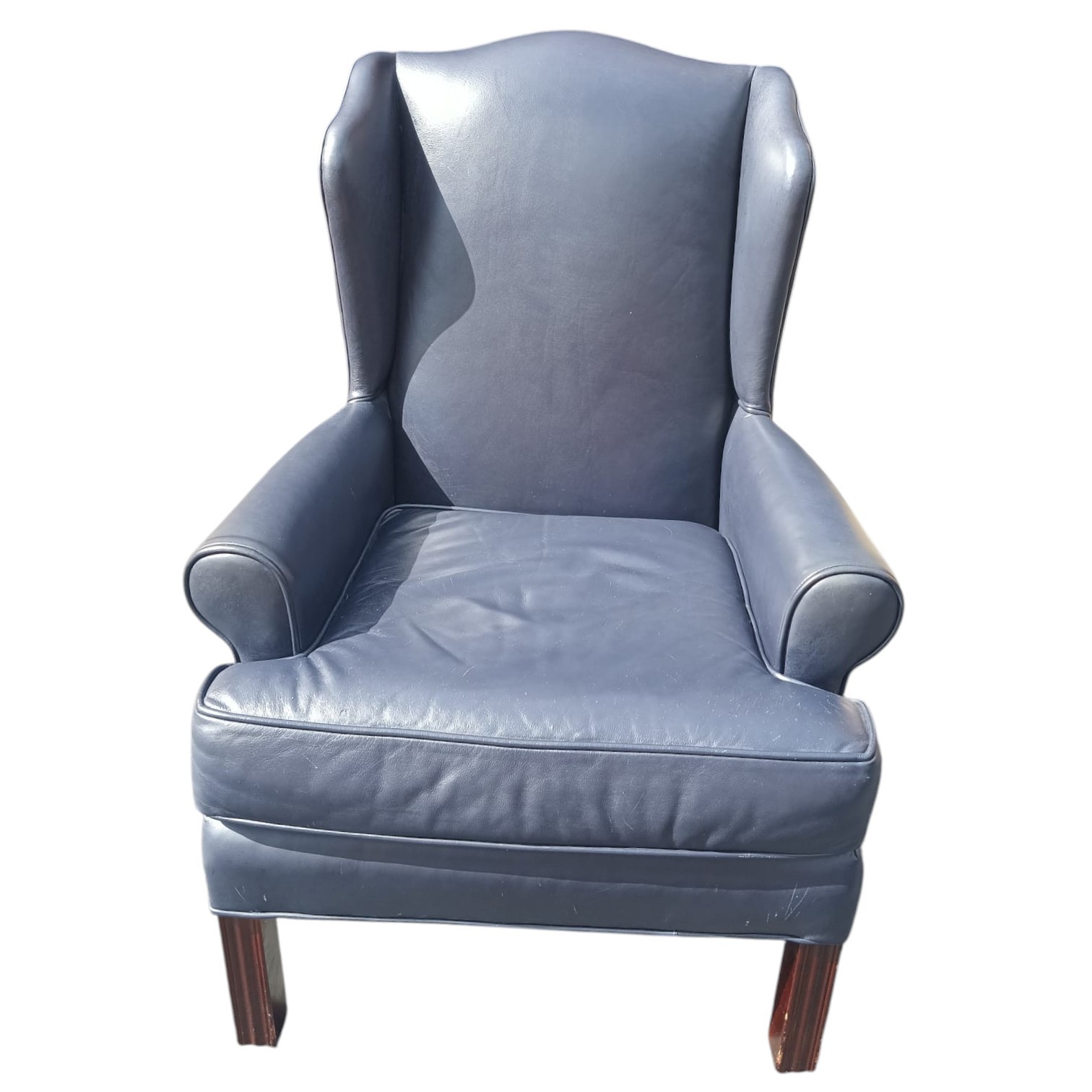 Timeless Elegance: Ethan Allen Chippendale Style Blue Leather Wingback Armchair
