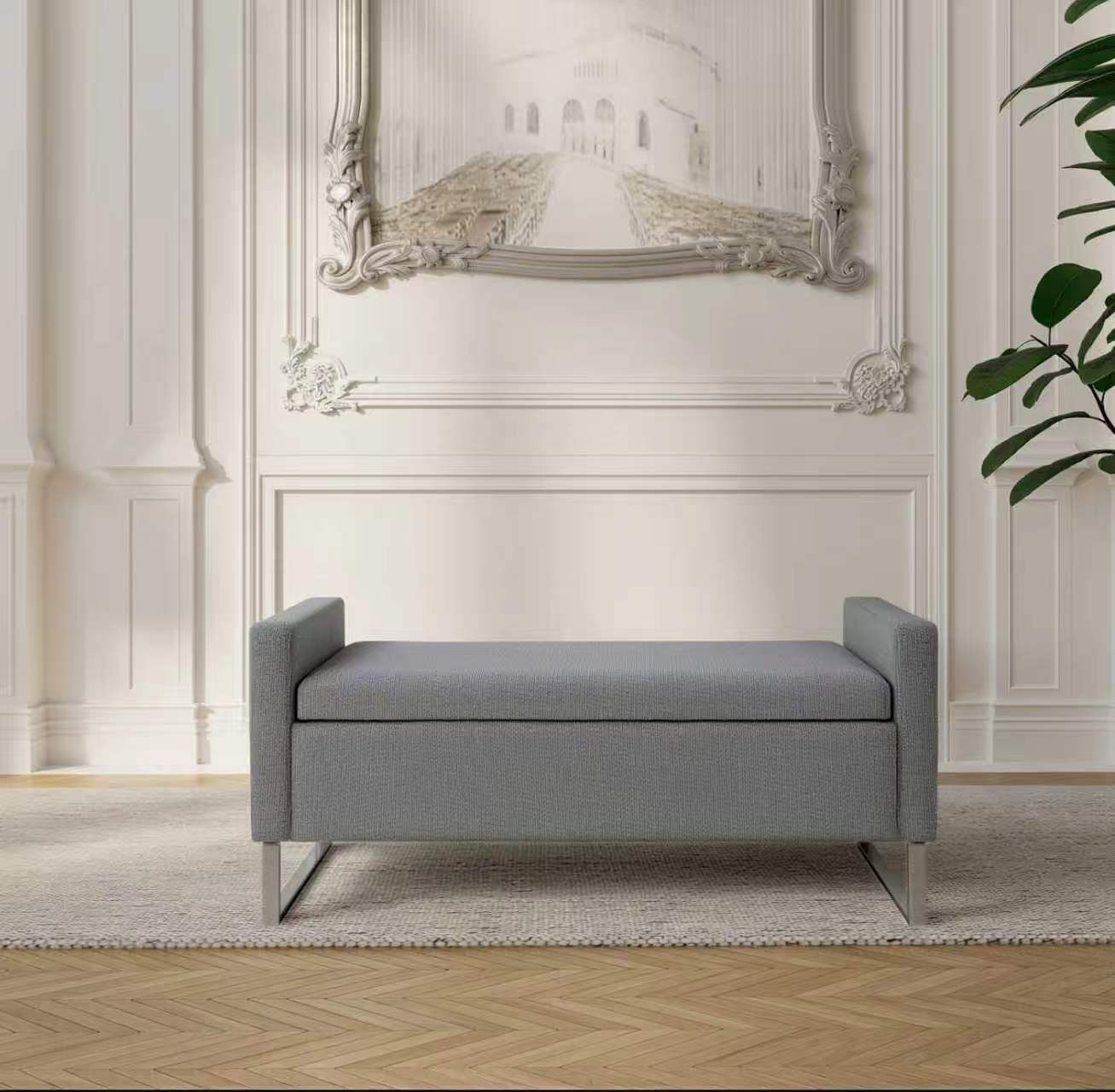 Upholstered Storage Ottoman Bench for Living Room, Bedroom, Grey w/ Metal Base