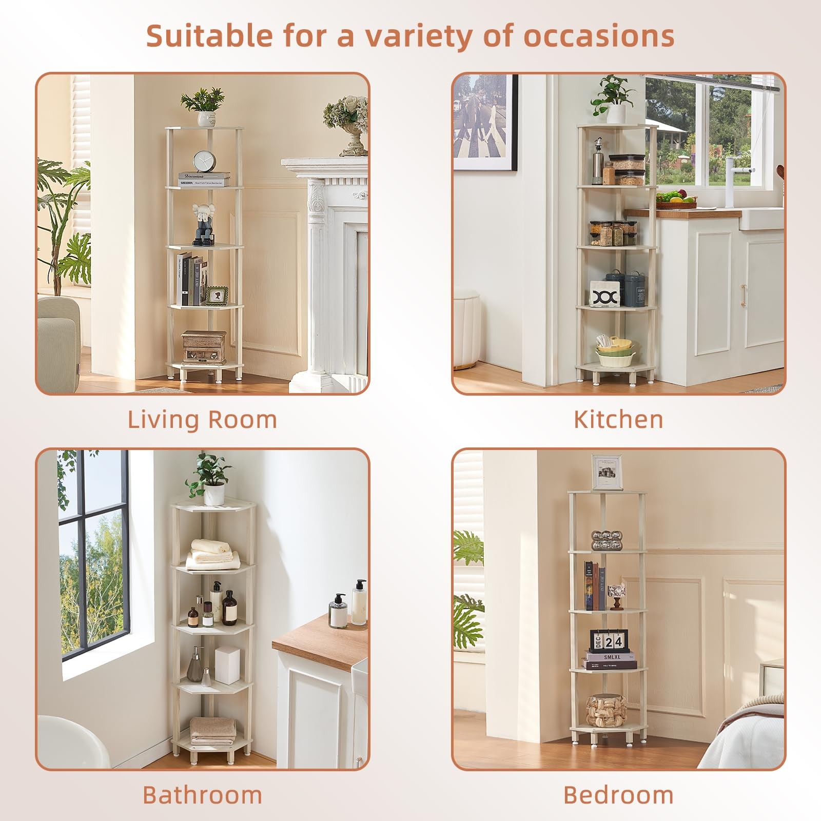 5 Tier Corner Shelf Sturdy Wooden Bookshelf Small Spaces Living Room Grey White