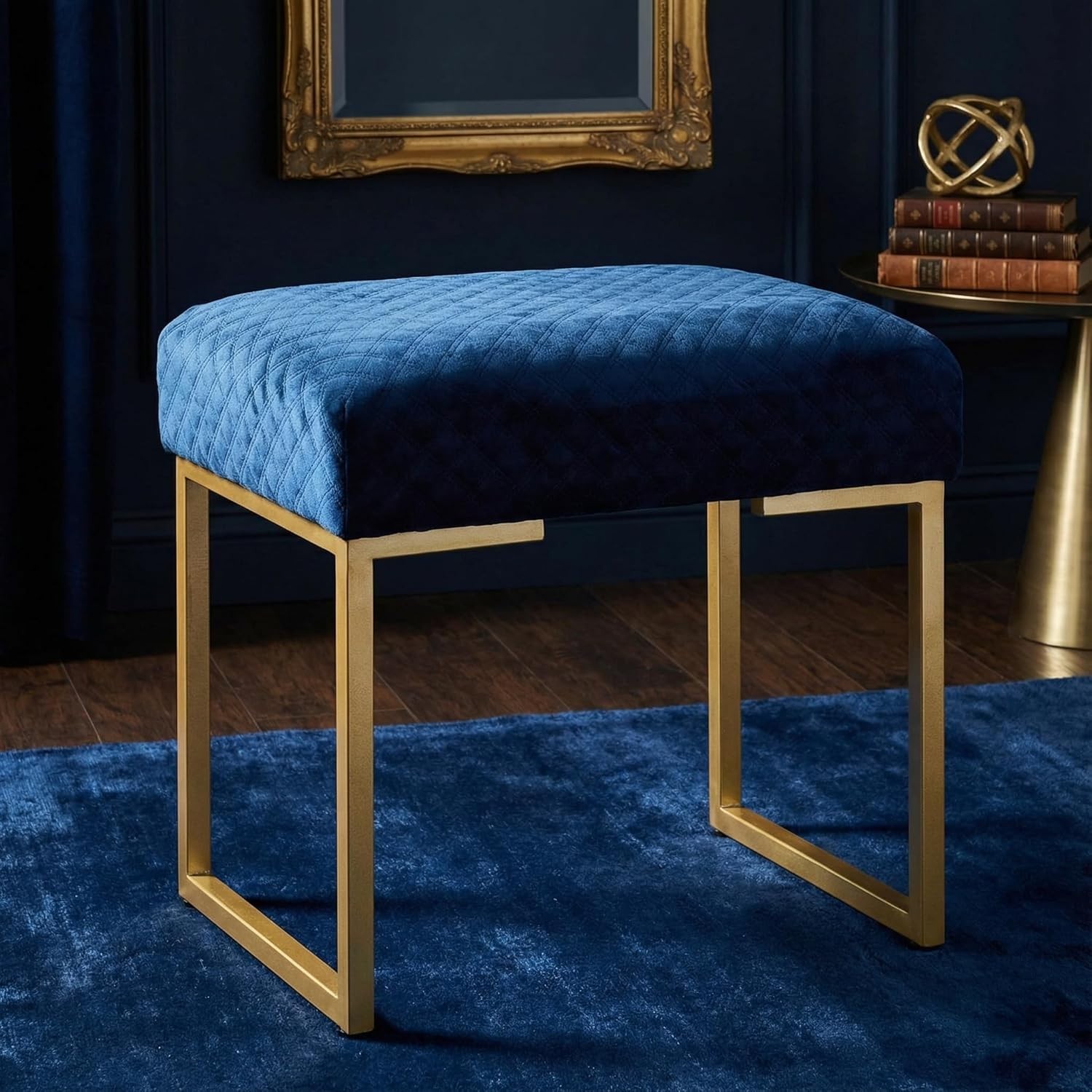 Cortesi Home Allium Ottoman with Painted Gold Legs, 19 Wide, Blue Velvet