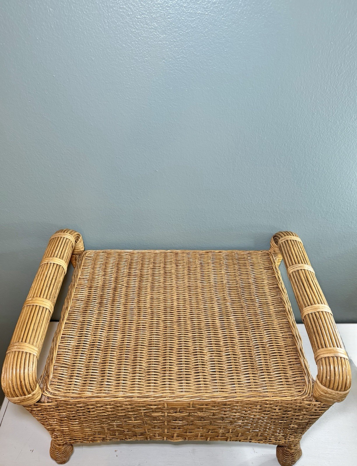 Vintage Rattan Wicker Ottoman Footstool Bench Boho Coastal Decor Stool