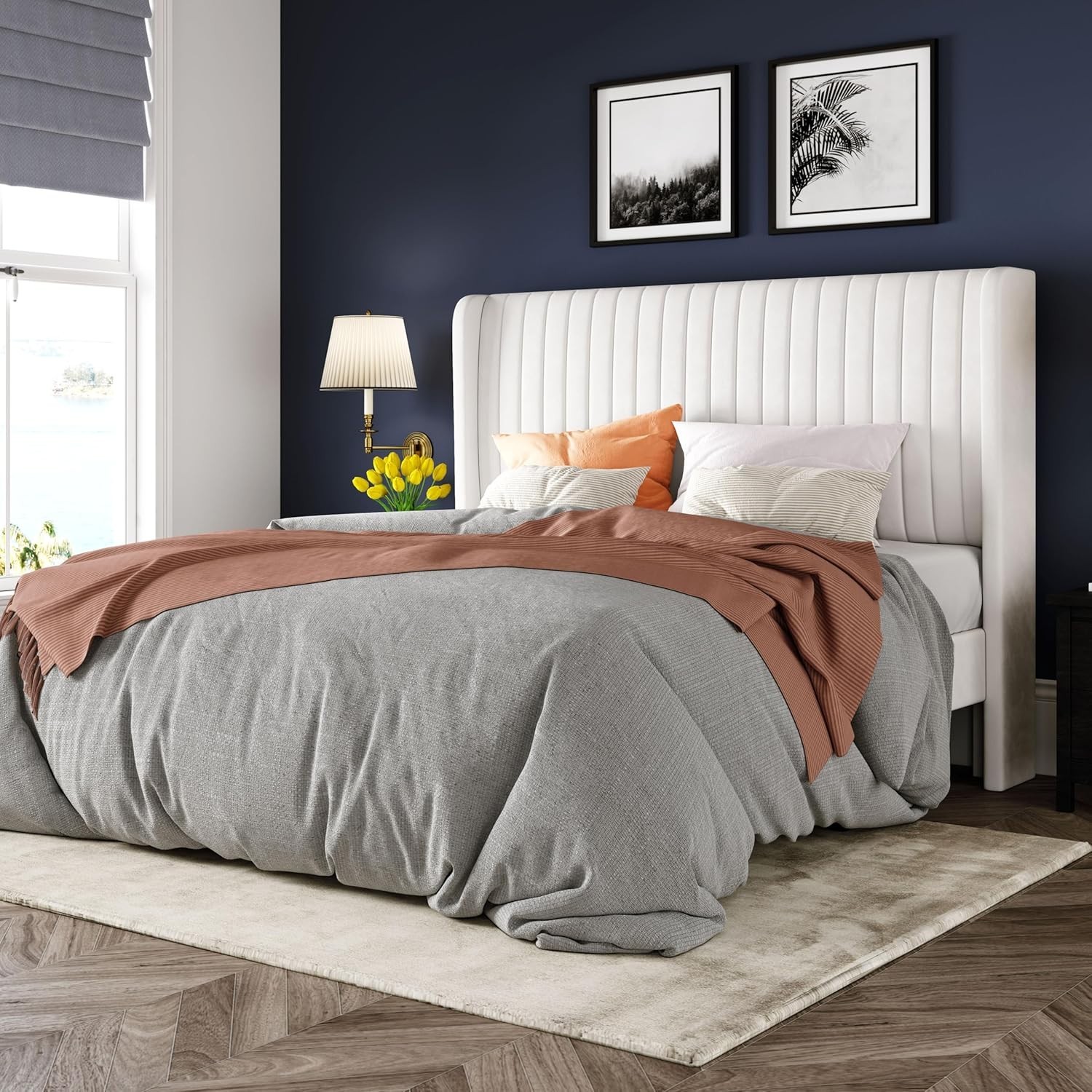 Allewie Full Size Velvet Bed Frame/Vertical Channel Tufted Wingback Headboard/Up