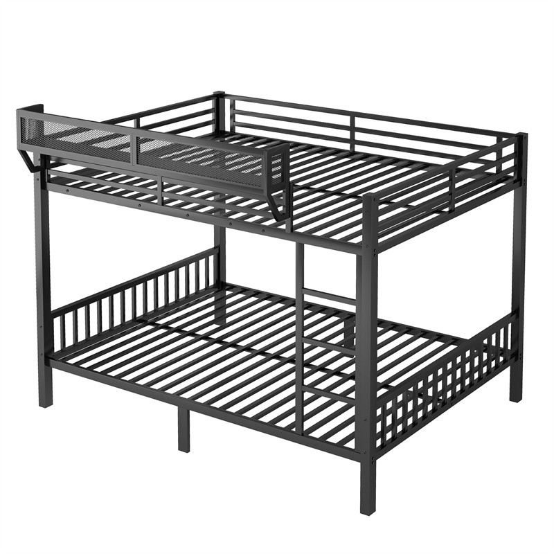 Queen Over Queen Metal Bunk Bed with Full-length Guardrail & Storage Shelf,Black