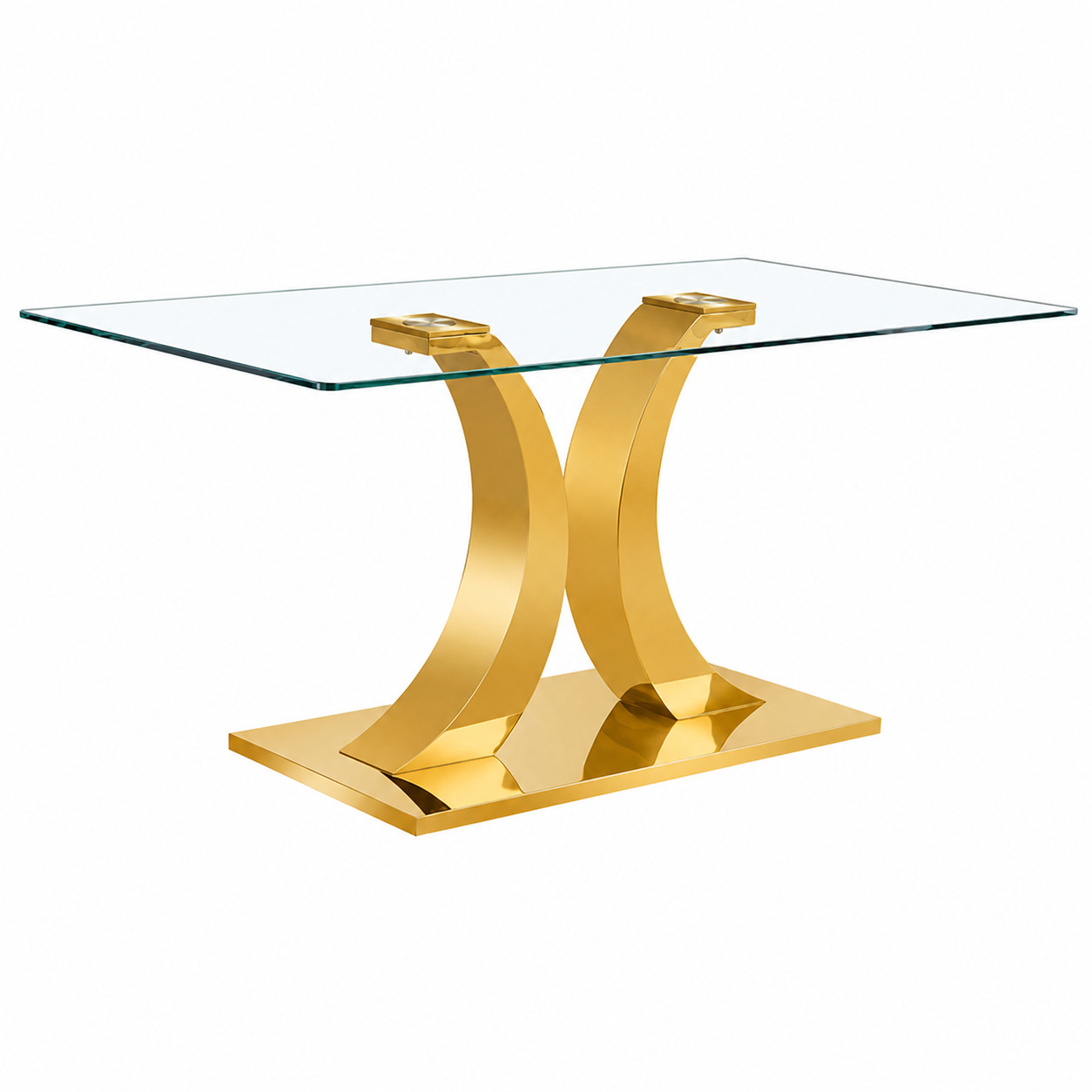 63″ Rectangular Glass Dining Table with Gold C-Shaped Base, Seats 6-8