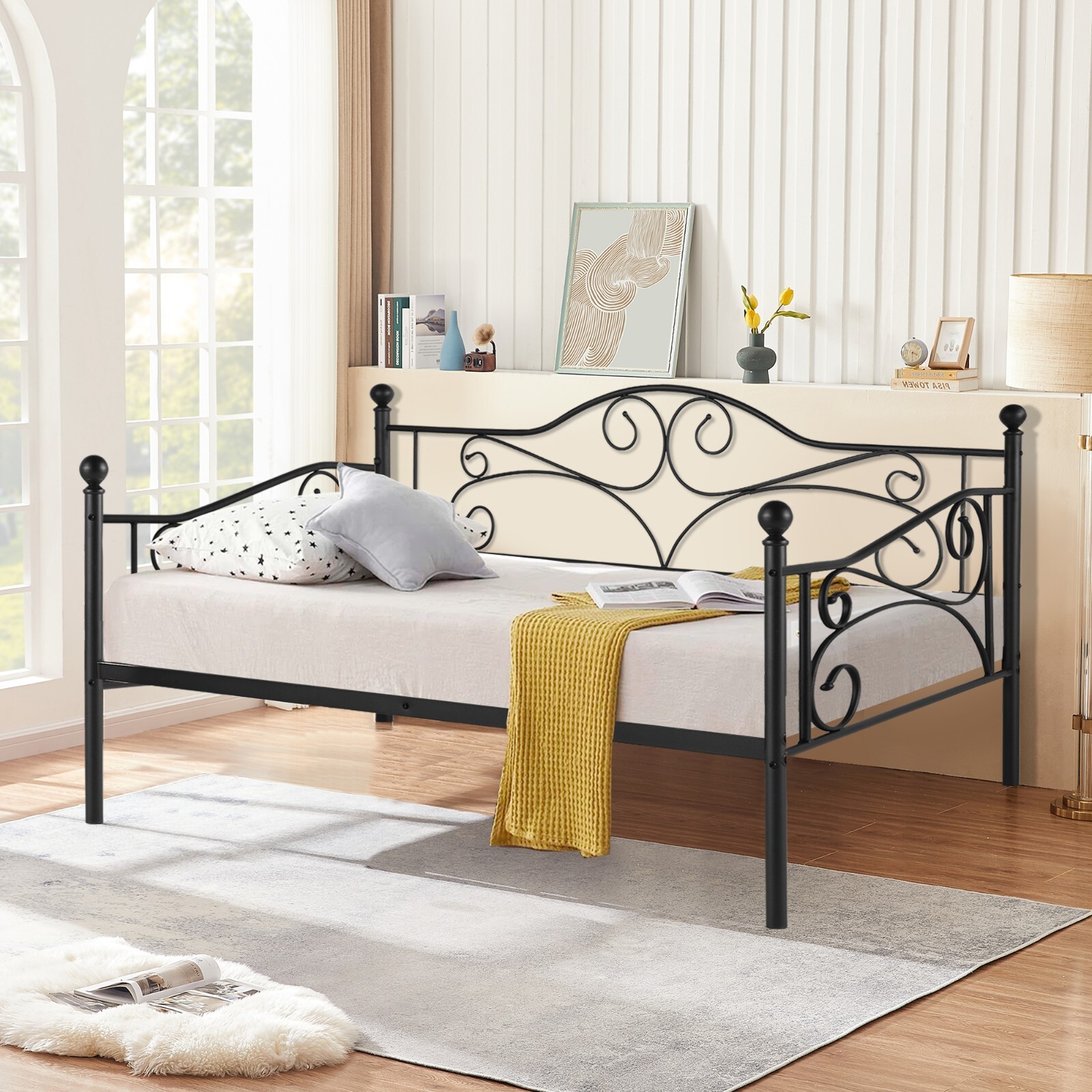 Daybed Twin Size Bed Frame Sofa Platform Metal Slats Support w/Headboard