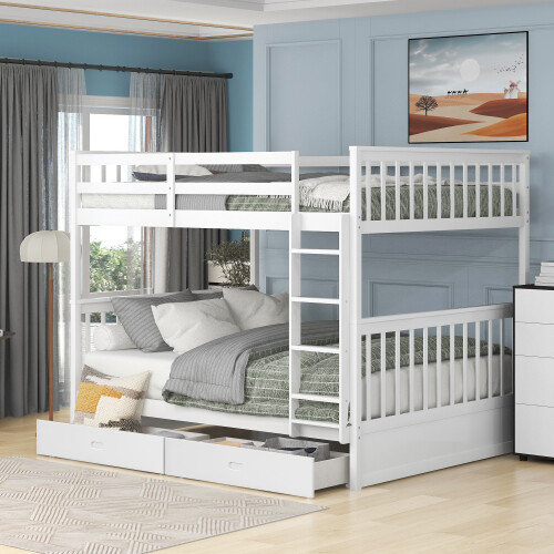 Full Over Full Bunk Bed W/ Storage Drawers Wood Platform Beds Bedroom Furniture