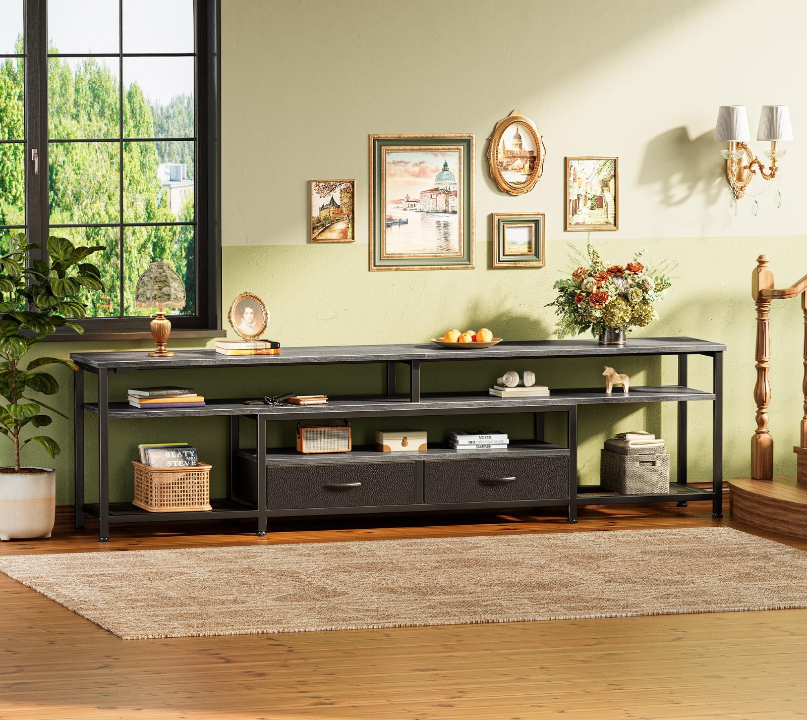 Spacious TV Stand for 75-80 Inch TVs, LED Lights, Power Outlets, Storage Drawers