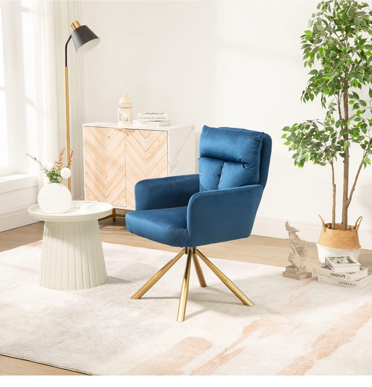 Velvet Office Desk Chair No Wheels, Modern Vanity Chair with Gold Legs, (Blue)