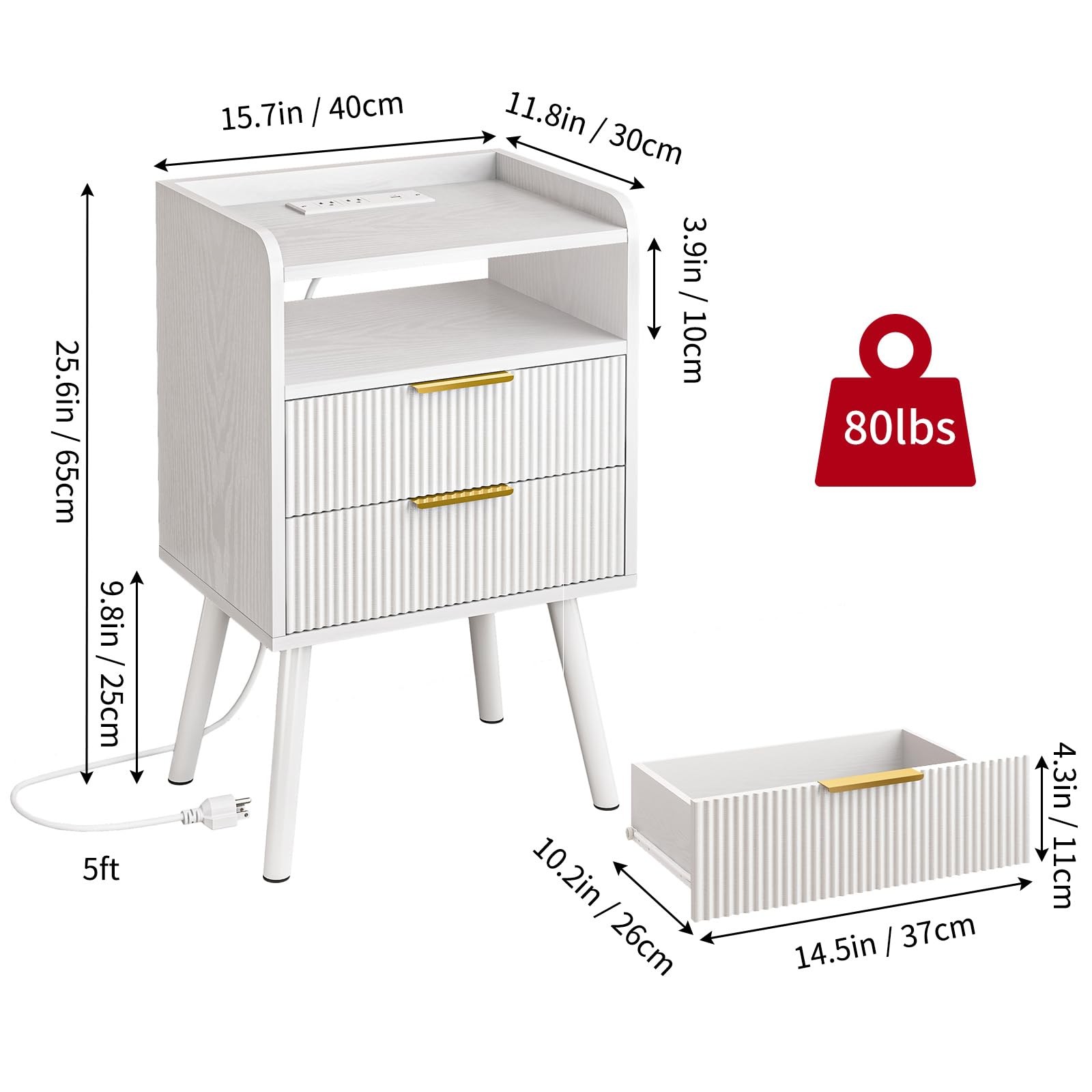 Fixwal White Fluted Nightstand with Charging 15.7 x 11.8 x 25.6 inches,