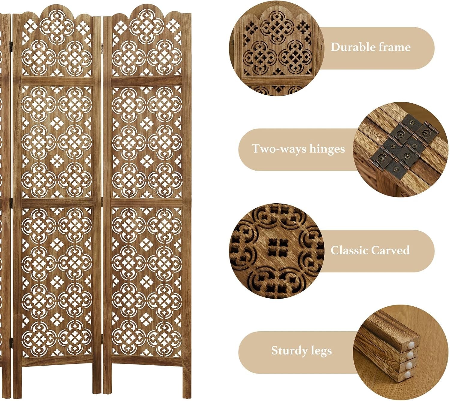 68.9Inch Folding Room Divider, 4 Panels Wood Carved Screens – Ideal Decorative