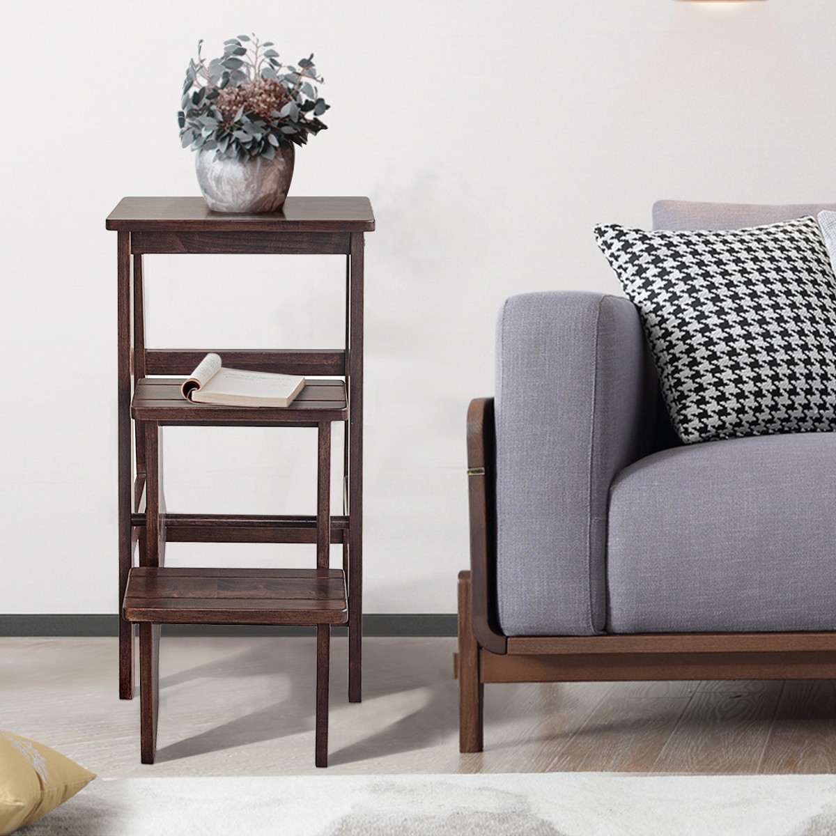 3 Tier Step Stool 3 in 1 Folding Ladder Bench Storage Shelf Brown