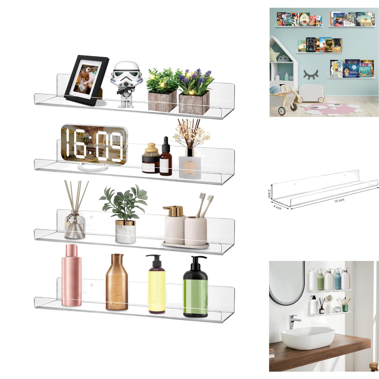 4 Pack Clear Acrylic Floating Shelves 15″ Wall Mounted Display Racks for Storage
