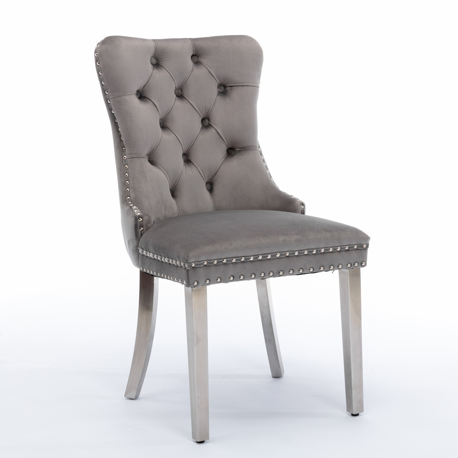 1PC Gray Velvet Upholstered Dining Chairs Wing-back W/Gold Stainless Steel Legs
