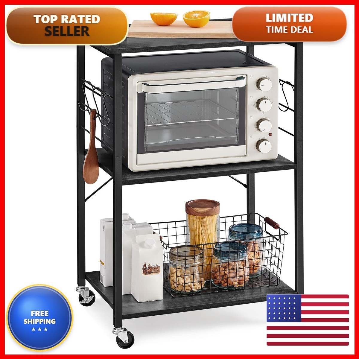 Vasagle Kitchen Shelf On Wheels 23.6 Inches Serving Cart 3 Shelves Kitchen Cart