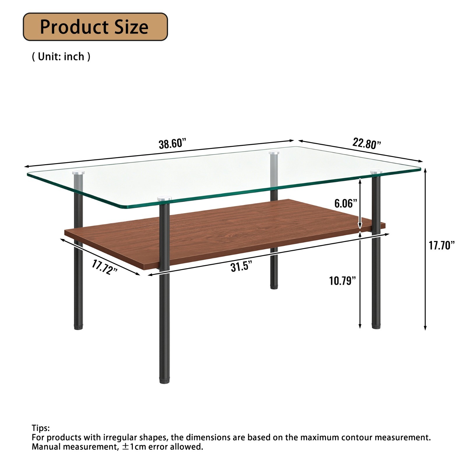 Rectangle Tempered Glass Coffee Table Center Table With Wooden Shelf Metal Legs