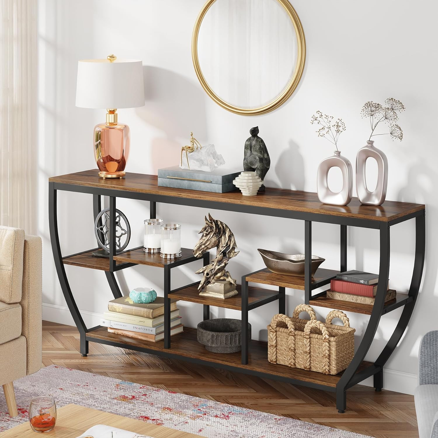 Tribesigns 70.9 Inch Long Sofa Table with Shelves, Rustic Console Table with Sto