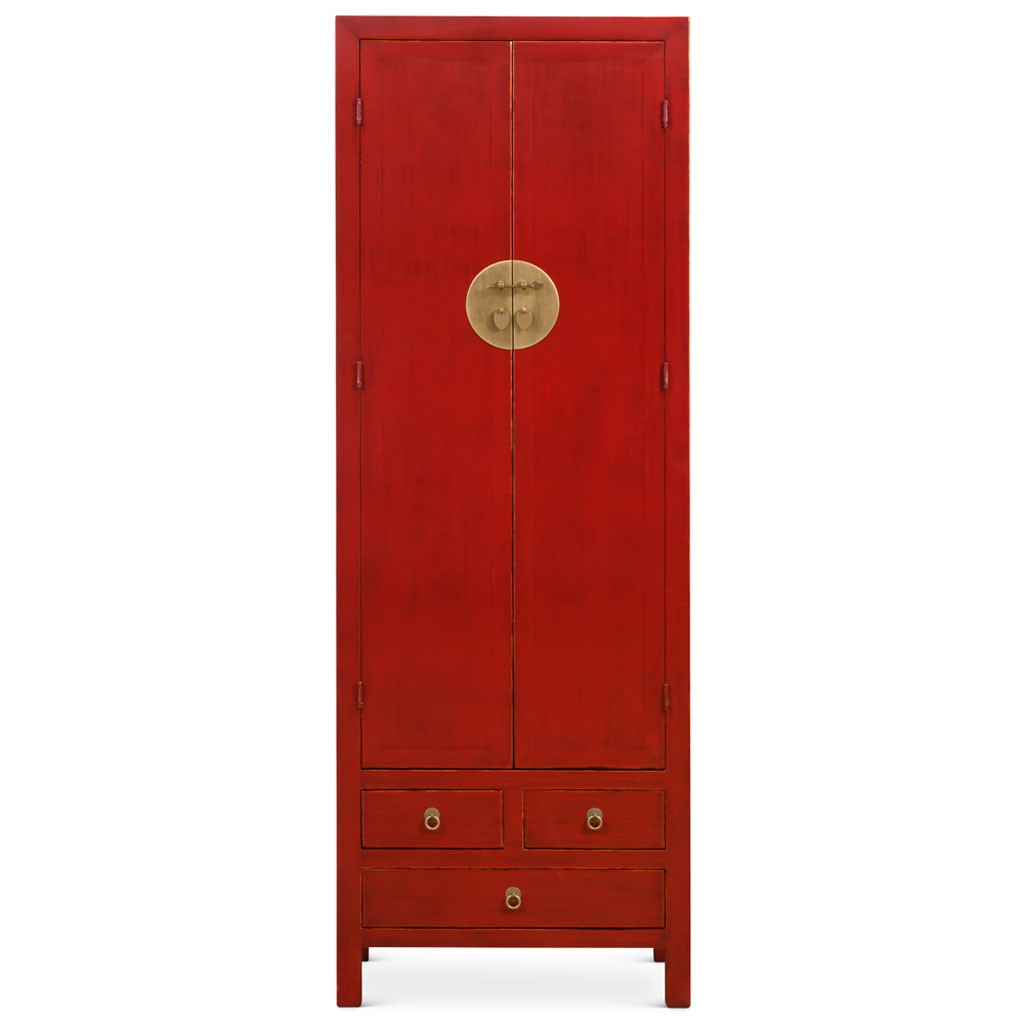 US Seller – Distressed Red Elmwood Chinese Ming Armoire semi gloss