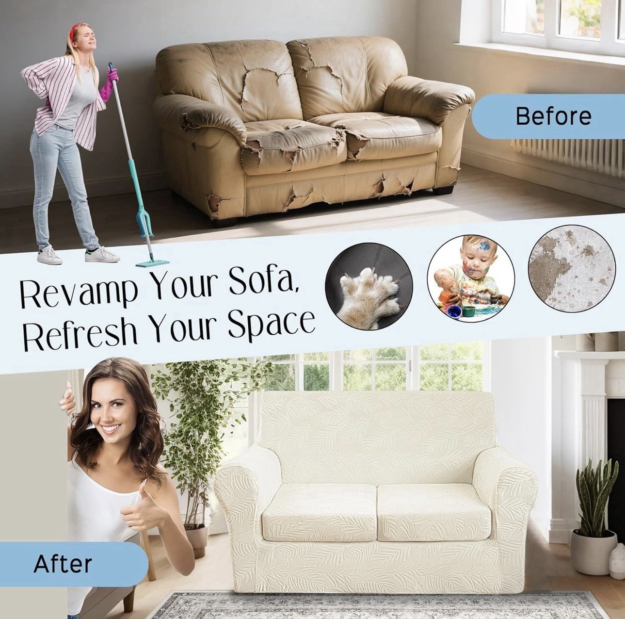Velvet Stretch Loveseat Sofa Cover Ivory Embossed Leaf 3 Piece 2 Cushion