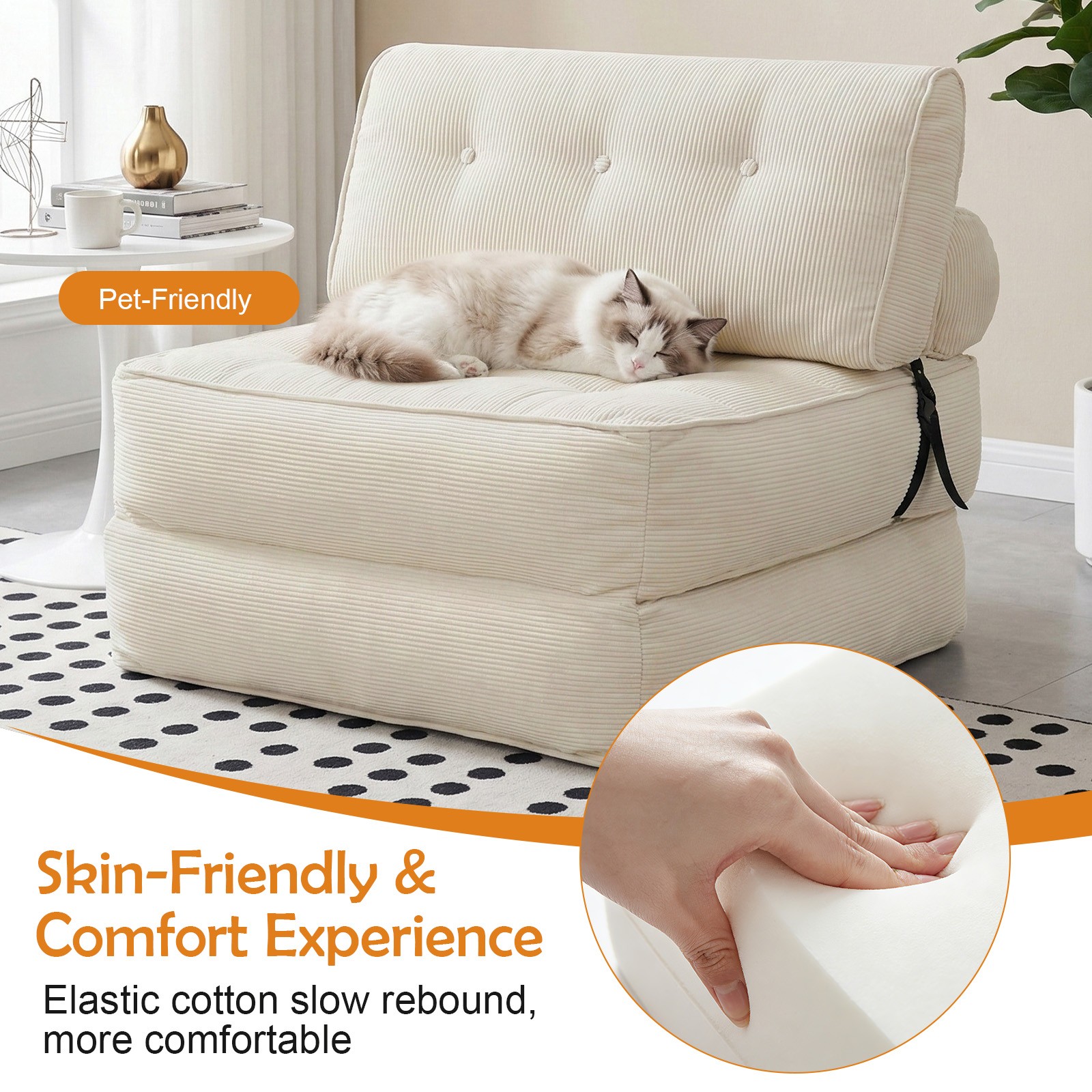 Folding Sofa Bed, Single Convertible Sleeper Chair Bed Couches w/ Dual-Pillow