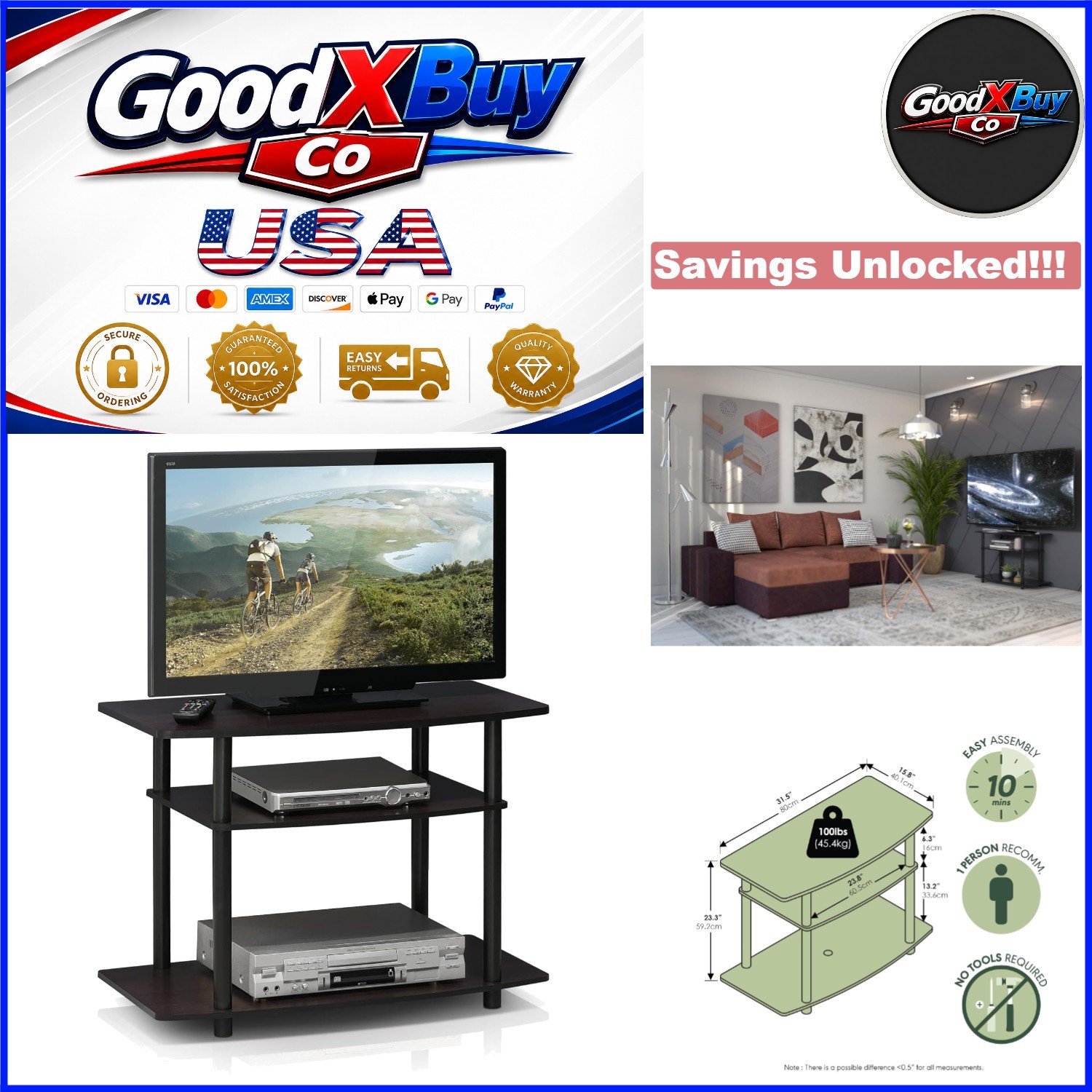 Turn-N-Tube 3-Tier TV Stand for 32 Inch TV Dark Walnut No Tools Assembly